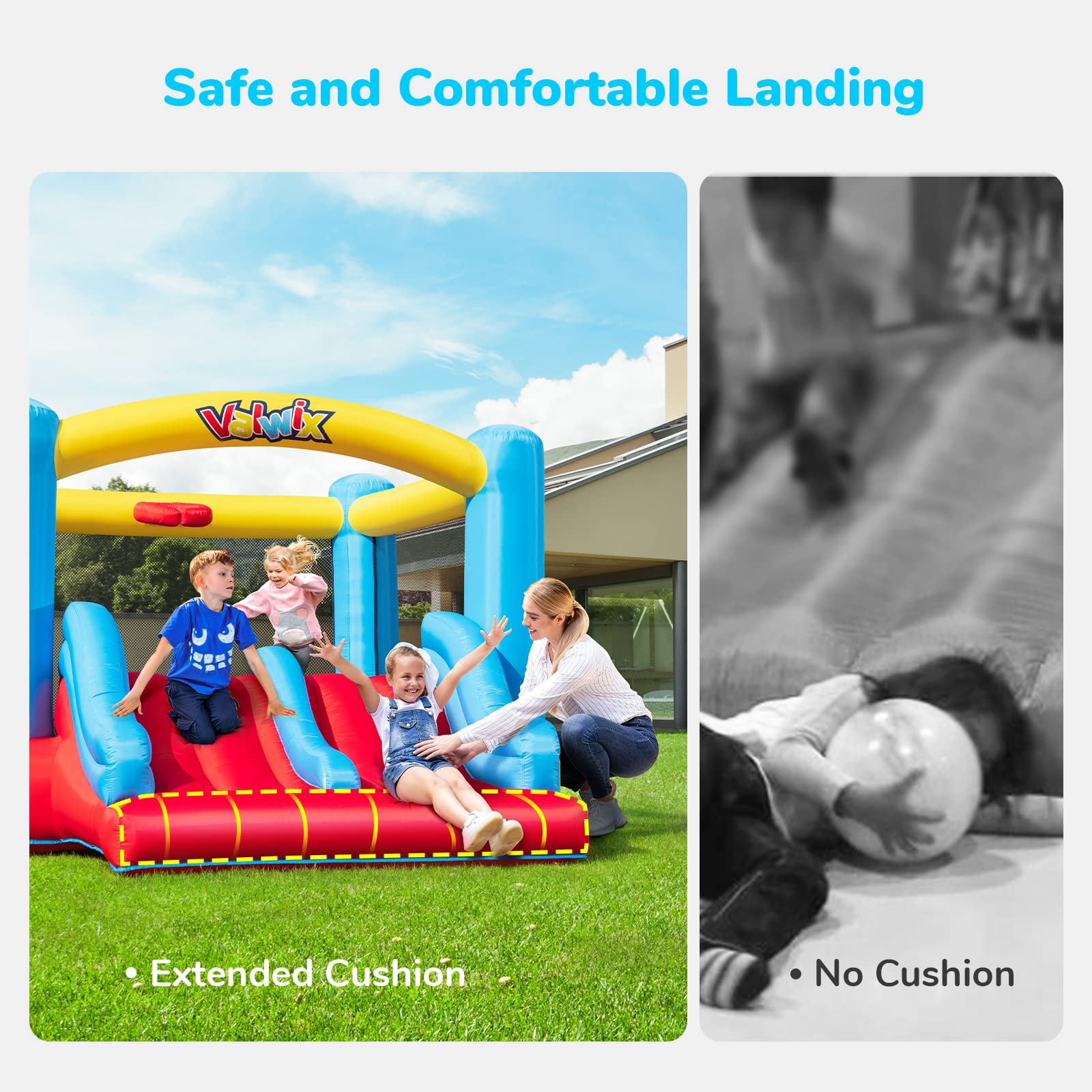 Valwix Indoor Outdoor Inflatable Bounce House with Blower for 3-10 yr Kids, Bouncy Castle w/ Double Slide, Large Bounce Area w/ Basketball Hoop, 300 LBS Capacity