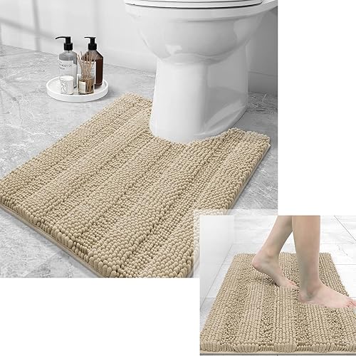 Miniatura 1 de Grandaily Alfombras de baño de felpilla a rayas y alfombras para inodoro en forma de U, tamaño de alfombra de baño 24 x 16 pulgadas y alfombras de