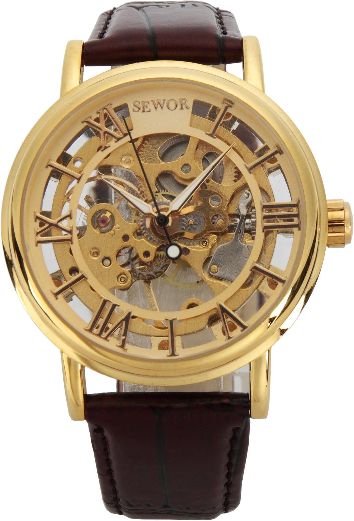 SEWOR Men's Mechanical Hand-Wind Skeleton Transparent Wrist Watch with Vintage Style