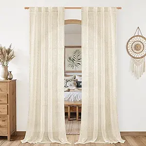 LAMIT Beige Linen Curtains for Living Room 80 inch Length, Light Filtering Semi Sheer Panels Back Tab and Rod Pocket Neutral Panels for Bedroom, 2 Panels, 34 x 80 Inch