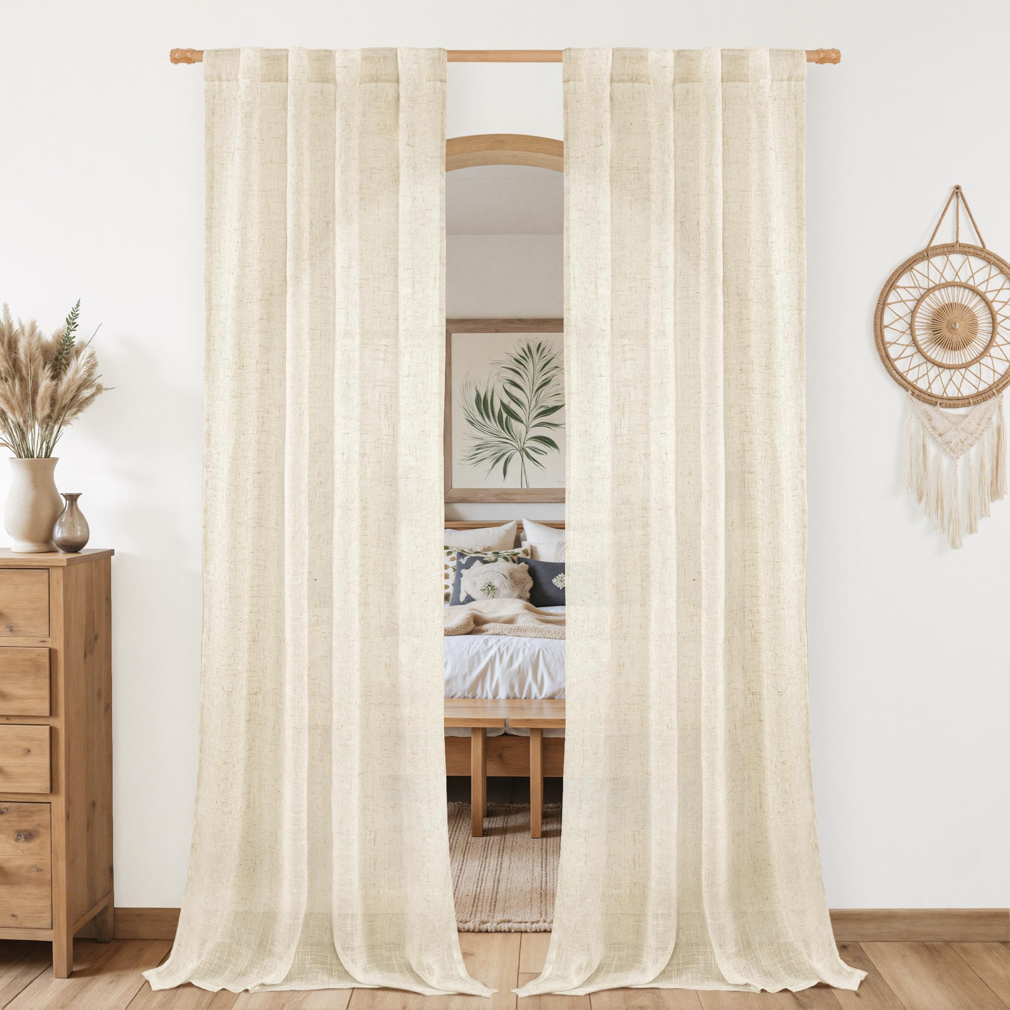 LAMIT Beige Linen Curtains for Living Room 80 inch Length, Light Filtering Semi Sheer Panels Back Tab and Rod Pocket Neutral Panels for Bedroom, 2 Panels, 34 x 80 Inch โ image 1