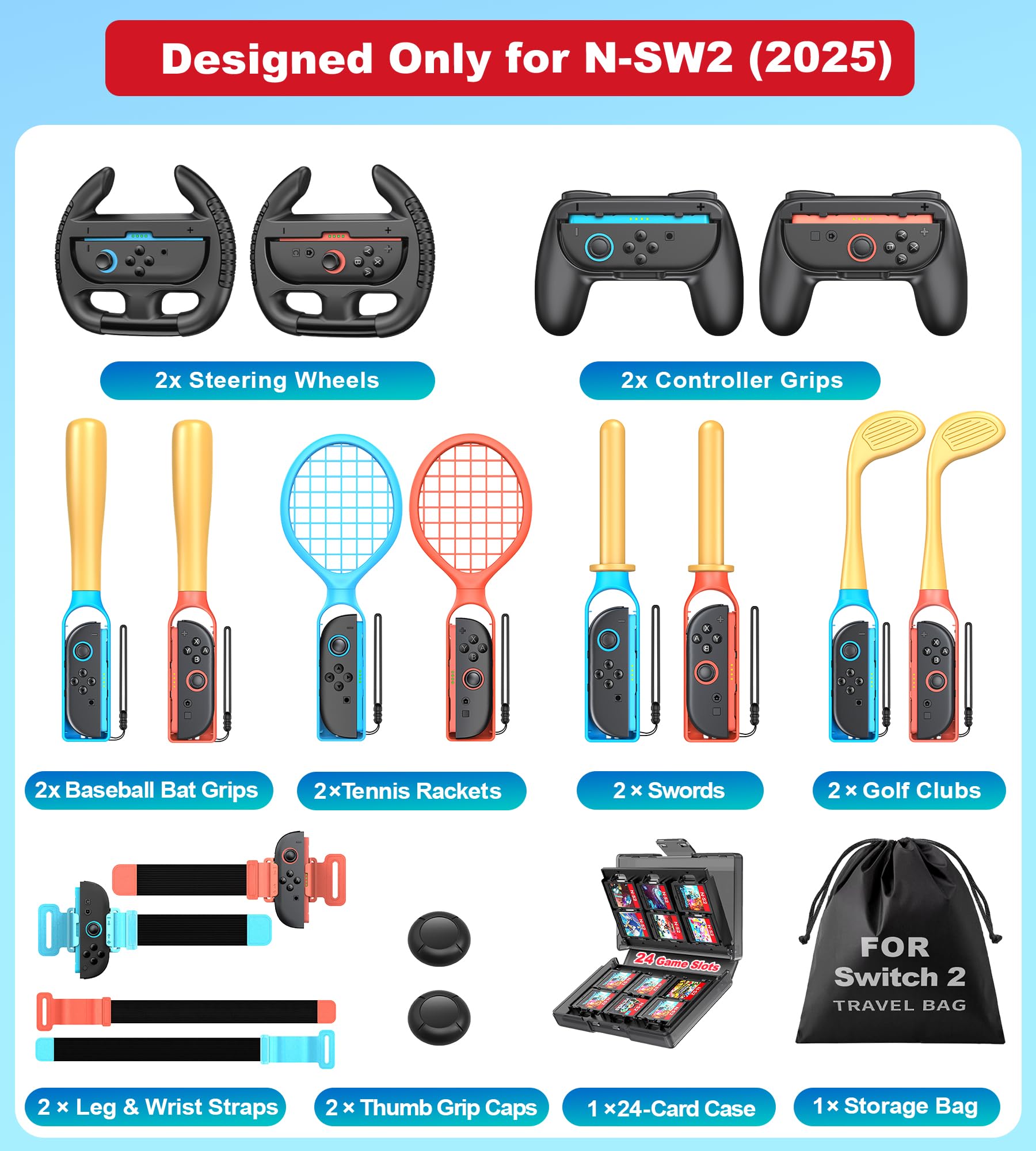 20 in 1 Switch 2 accessori sportivi, pacchetto di accessori sportivi per la famiglia per Nintendo Switch 2 giochi include cinturino per gambe, club da golf, cinghie da calcio e pallavolo, racchette da