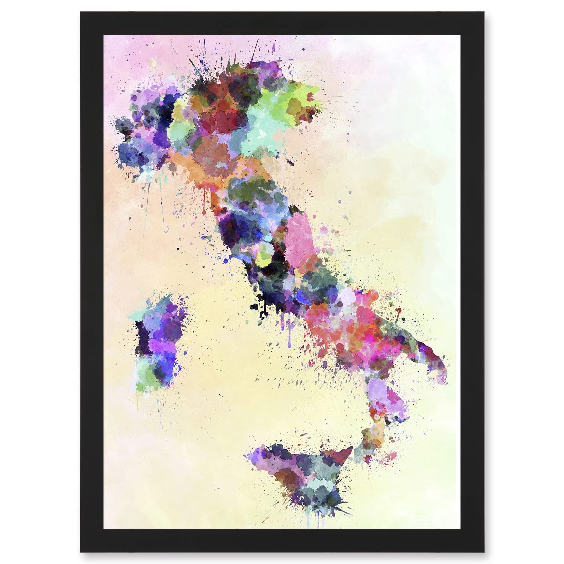 Artery8 Map Painting Italy Sardinia Sicily Paint Splash Colour A4 Artwork Framed Wall Art Print
