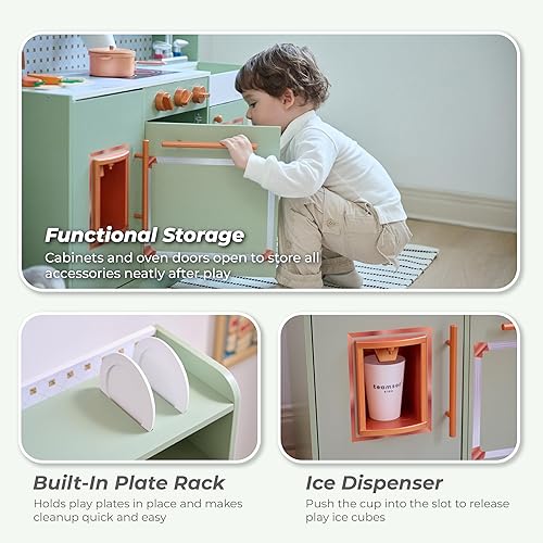 Miniatura 3 de Teamson Kids Little Chef St. Louis - Juego de cocina de madera retro para niños pequeños, juego de cocina de simulación verde con máquina de hielo,