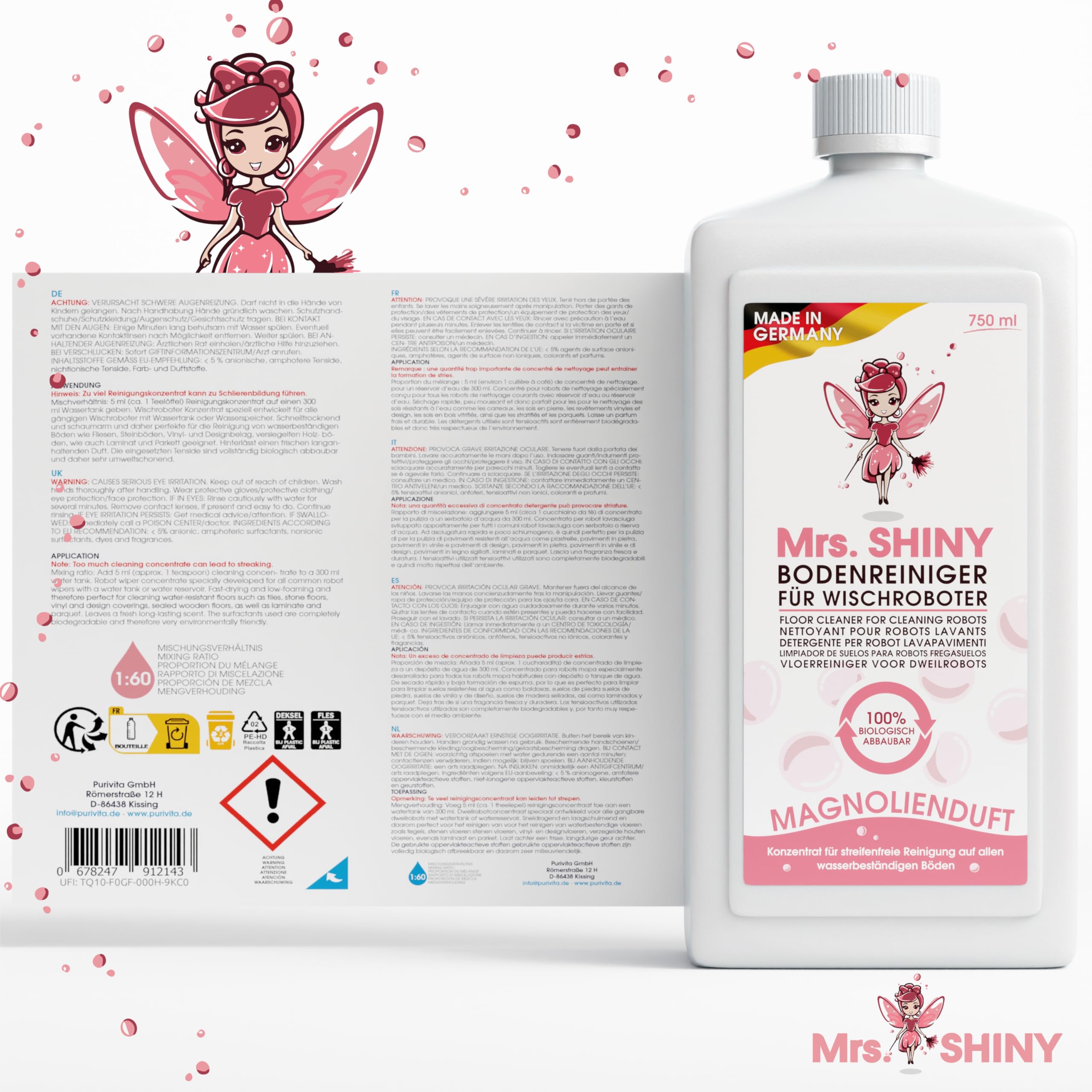 Mrs. SHINY - Detersivo per lavapavimenti con fragranza di magnolia - Pulizia senza striature e asciugatura rapida - Compatibile con vari modelli di lavapavimenti - 750 ml