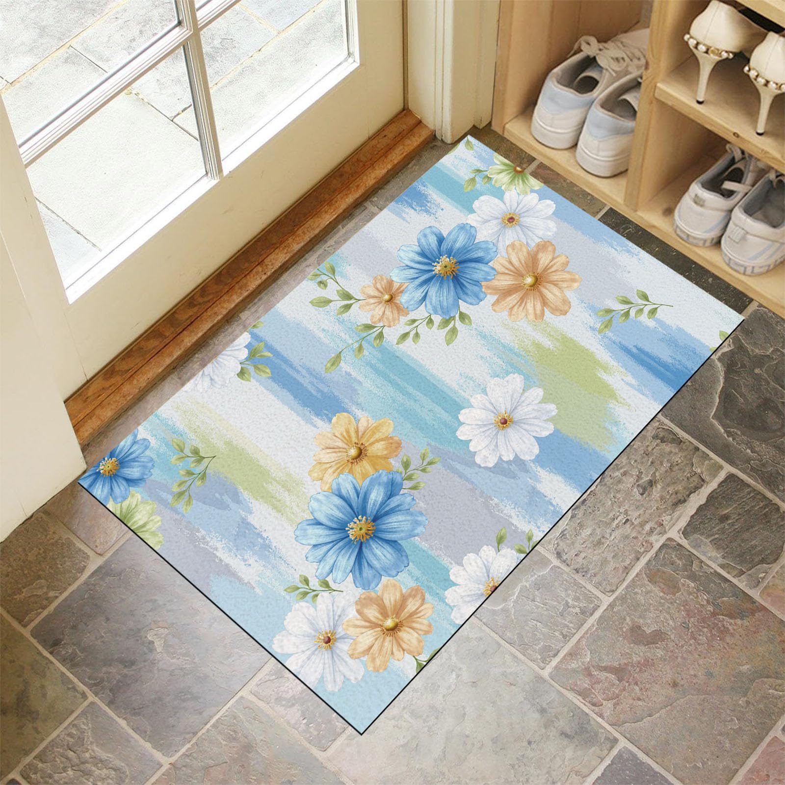 Tapis d'entrée d'intérieur paillasson fin bleu blanc 90x150 antidérapant
