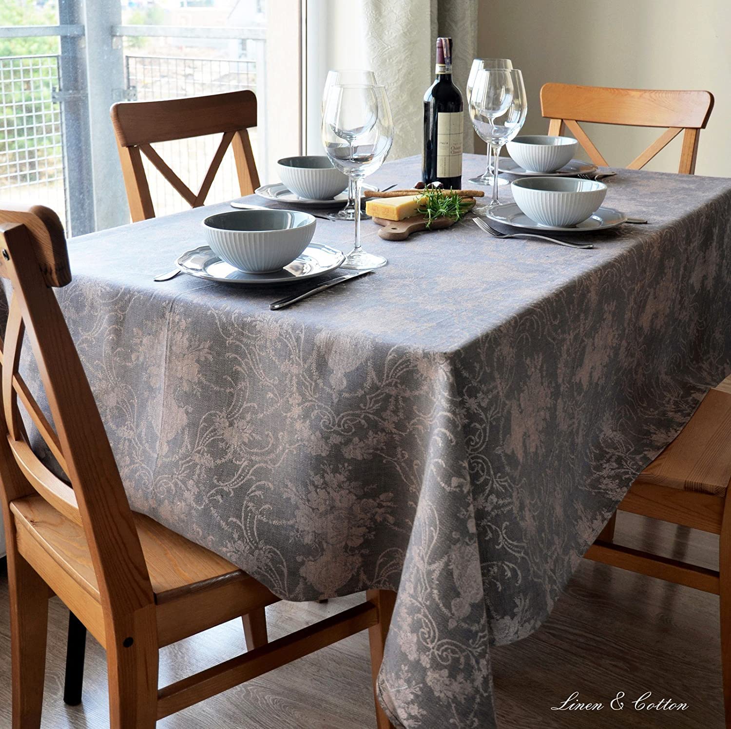 Linen & Cotton Luxus Jacquard Tischdecke Tischtuch Tischwäsche Roseus mit Damast Muster -100% Leinen, Rose/Grau (147 x 220 cm) Lang Festliche Rechteckige Home Küche Dekoration Gastronomie Geburtstag