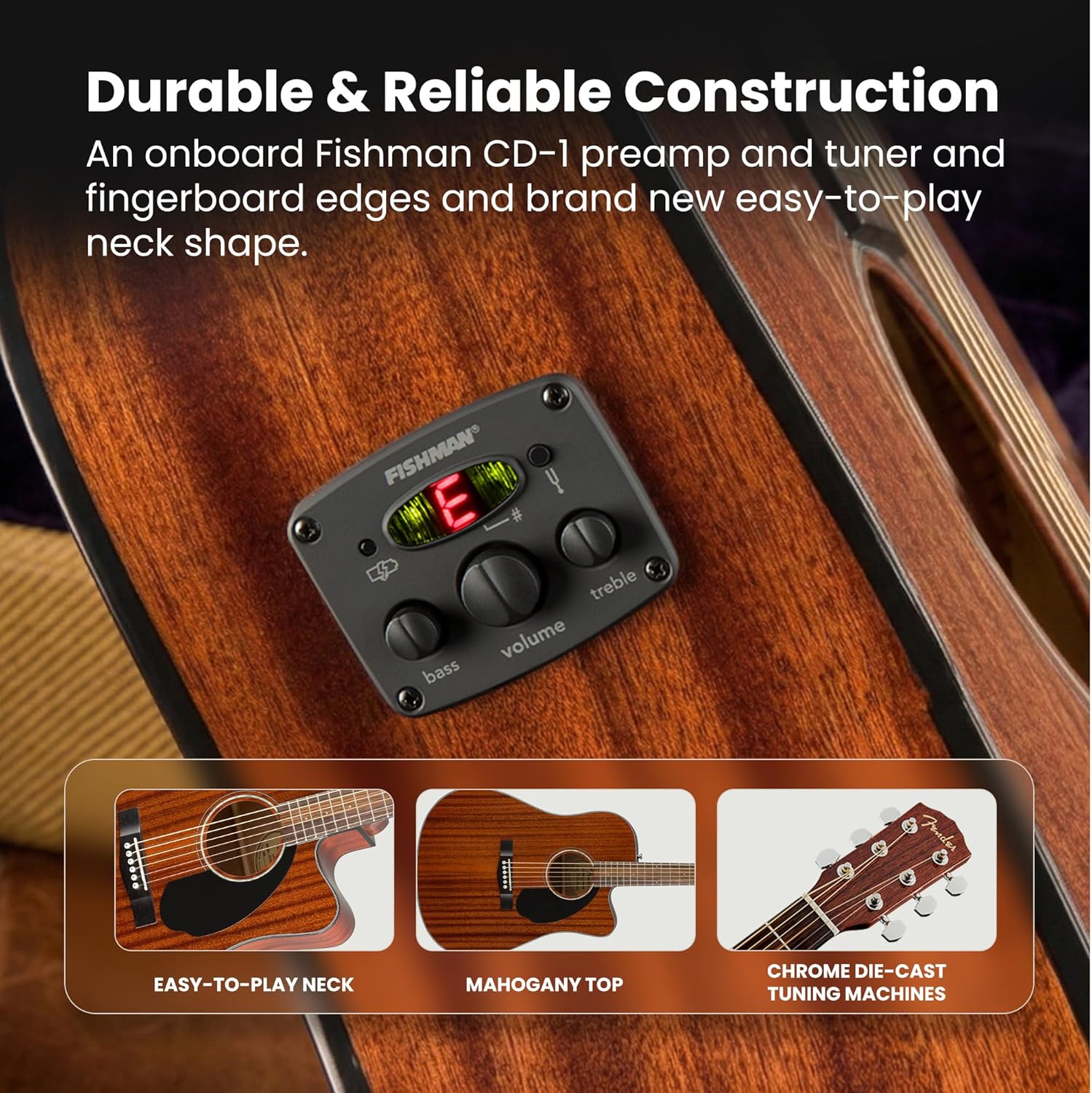 Fender CD-60SCE Solid Top Dreadnought Acoustic-Electric Guitar - All Mahogany Bundle with Gig Bag, Instrument Cable, Tuner, Strap, Strings, Picks, Polishing Cloth and Austin Bazaar Instructional DVD