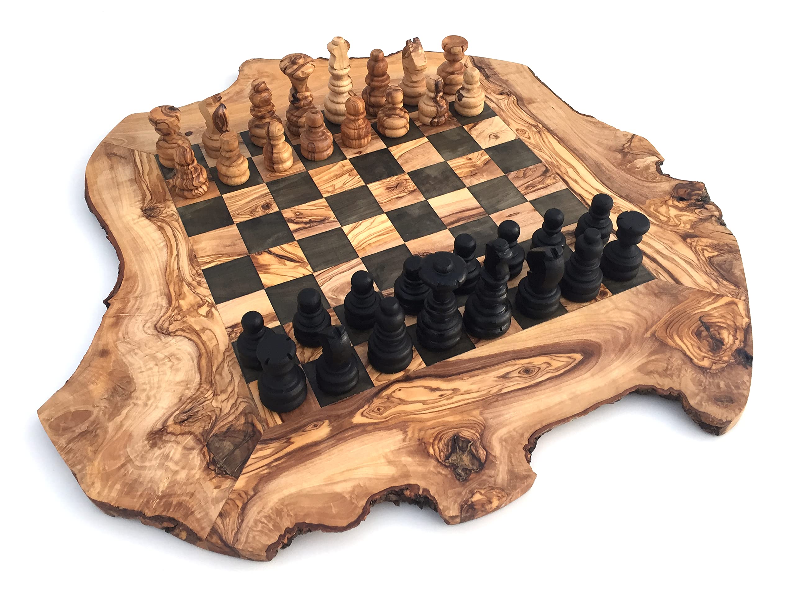 Generisch Jeu d'échecs rustique, échiquier taille XL incluant les pièces, en bois d'olivier, fait main - 2 joueurs, âge 12+