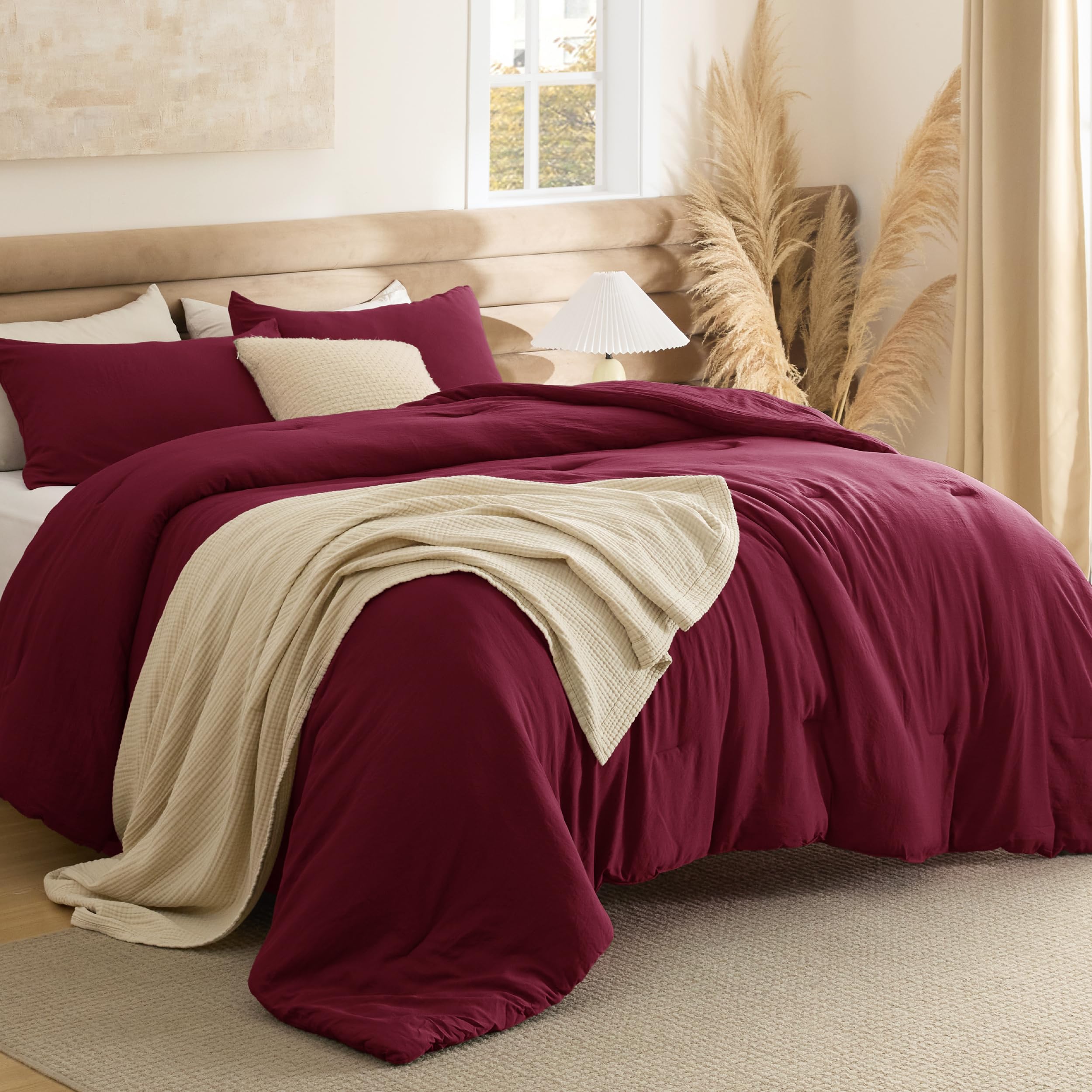 Photo 1 of Bedsure Queen Comforter Set, Dark Red Soft Prewashed Bedding for All Seasons, 3 Pieces GentleSoft™ Bed Set, 1 Lightweight Comforter (90"x90") and 2 Pillowcases (20"x26")