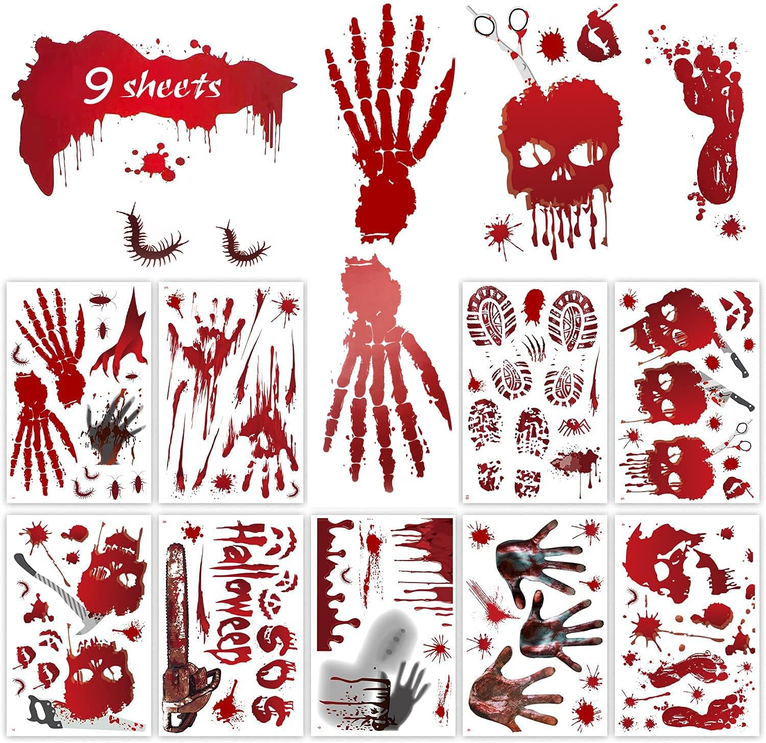 Yiezio Halloween Bloody Stickers Decorations, Horror Handprint Footprint Skulls Bloody Decals Halloween Spooky Window Clings Wall Decal Floor Clings for Scary Halloween Party Decorating(9 Sheets)