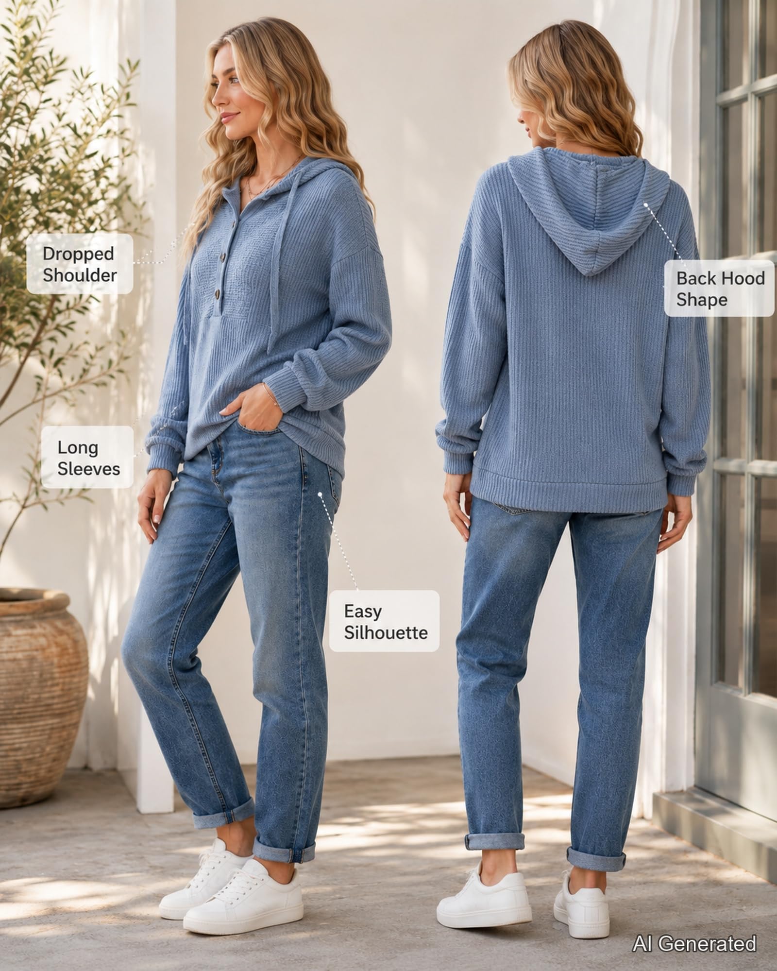 Damski sweter z kapturem Henley prążkowany sweter z długim rękawem i | Henley Inspirowany Dekoltem Plisa Guzikowa Prążkowana Tekstura Luźne Kroplone Ramiona Regulowany Kaptur Ściągacze Codzienne