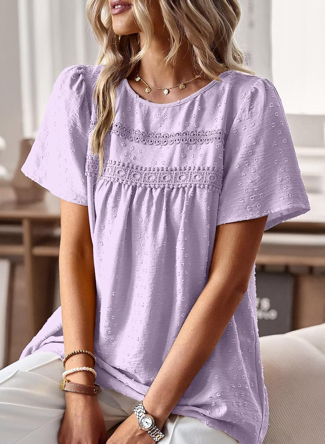 Women's Summer Boho Blouse Short Sleeve Tops Elegant Crew Neck | Swiss Dot T Shirt, Süß Casual Tunika, Lässig Fließend Outfits, Spitze Herbst Kleidung, für Büro und Alltag, Ausgehen Vintage Purple 4XL