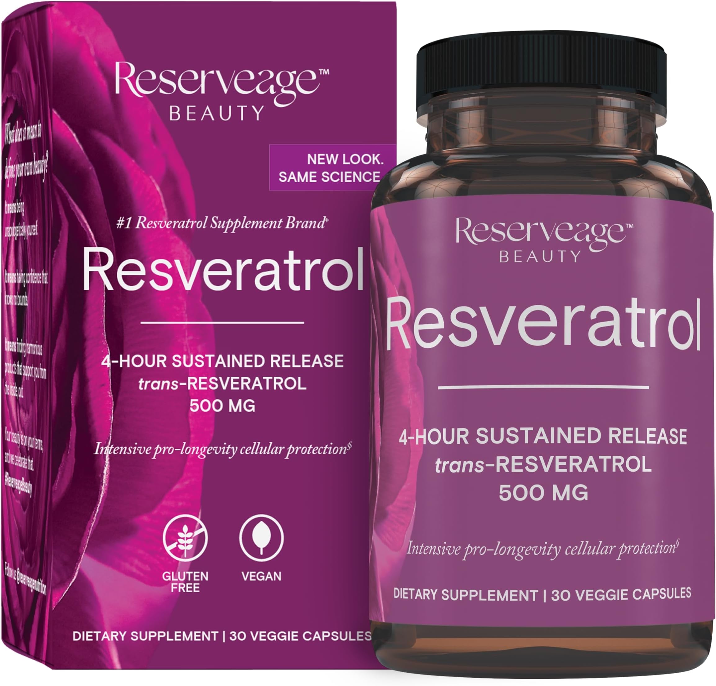 Reserveage Nutrition Beauty Resveratrol 500Mg | 4- Hours Sustained Release Trans-Resveratrol | For Intensive Pro-Longevity Cellular Protection | Gluten Free | Vegan | 60 Veggie Capsules