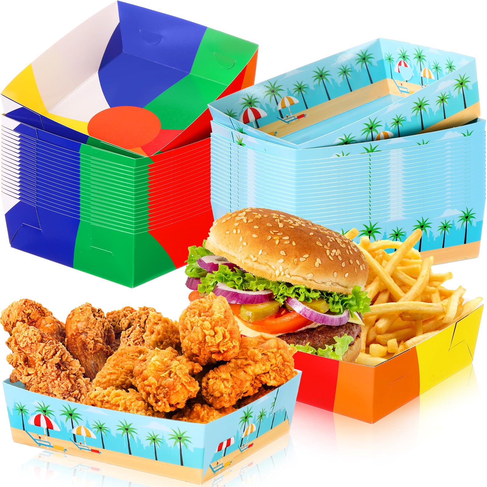 Teling 36 Pack Beach Party Supplies Large 5 lb Beach Pool Plates Trays Bowls Paper Food Boats Disposable Nacho Serving Snack Trays Dinner Plate for