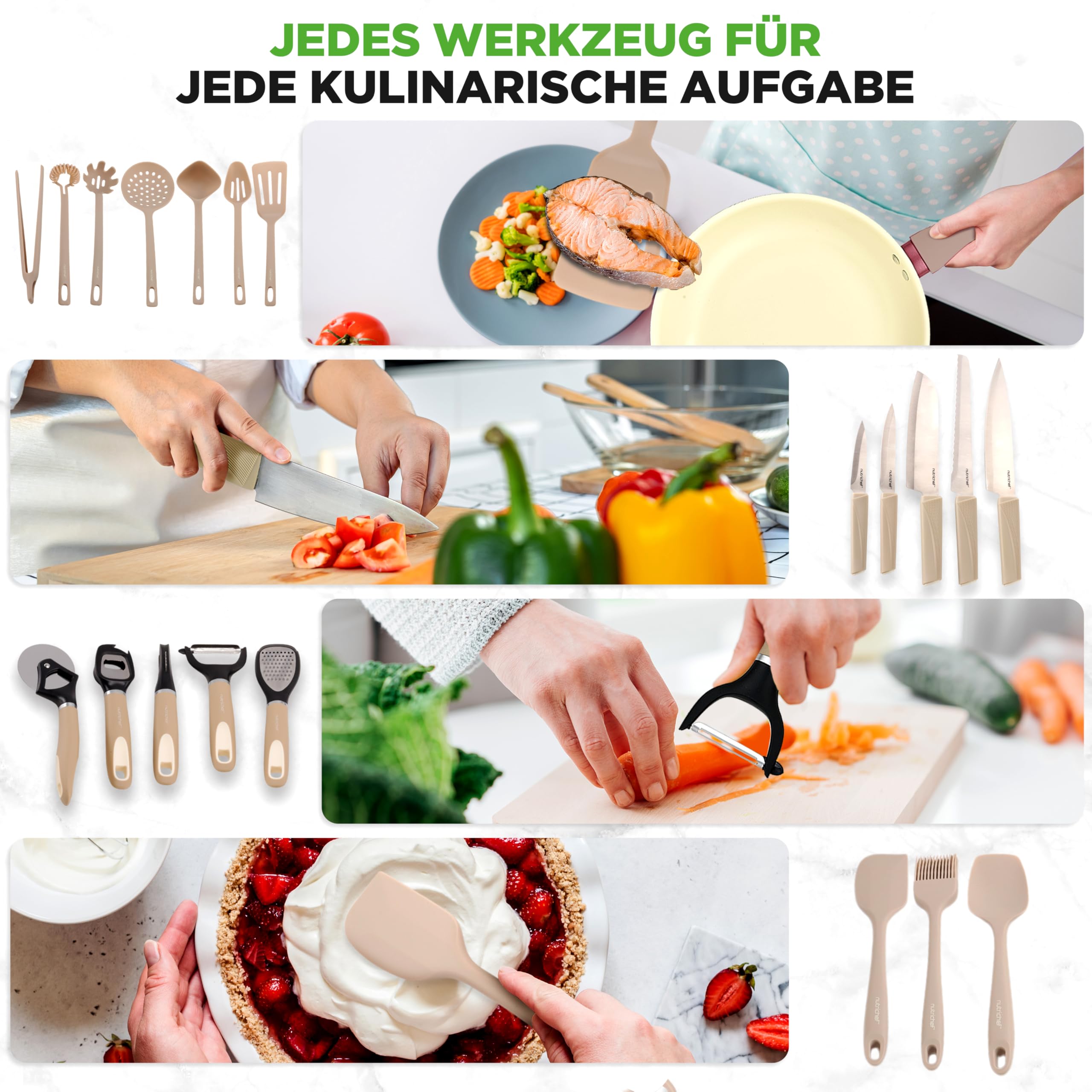 NutriChef Set mit 75 Antihaft-Pfannen und -Töpfen, Komplettes Set aus Keramik-Küchenutensilien mit Backzubehör, Messer-Set und Zubehör, fleckenbeständig, lebensmittelsicher, Creme/Braun