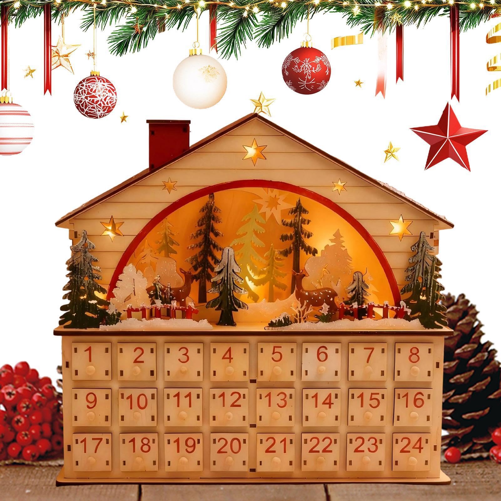 Calendario de Cuenta Atrás de Navidad 24 Días Casa De Madera Decorativa | Cuenta Regresiva Con Cajones Celebración Apartamento Salón Hogar