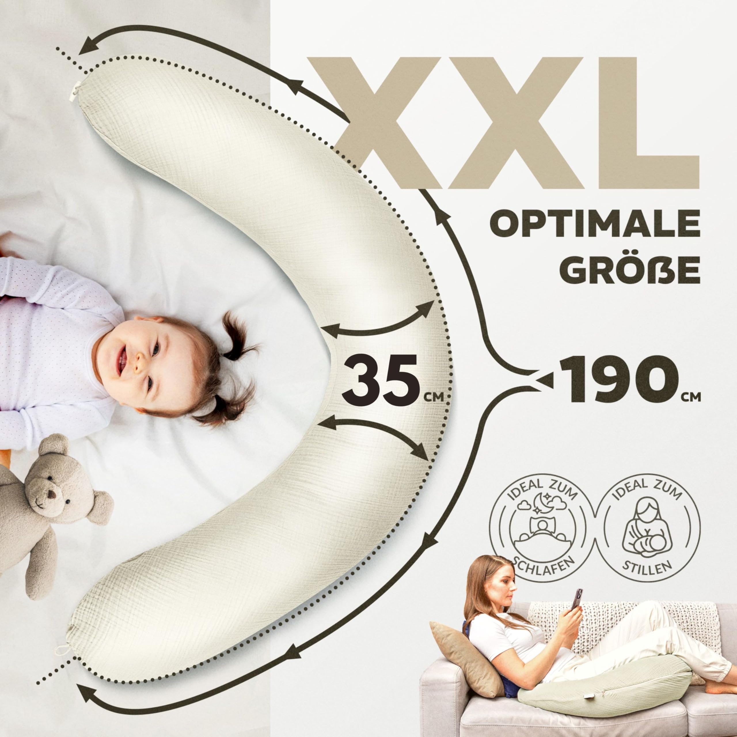 sei Design Stillkissen XXL 190x35 cm, Natur Kapok, Bezug aus Bio-Baumwolle, Schwangerschaftskissen, Füllmenge anpassbar, ergonomisch geprüft