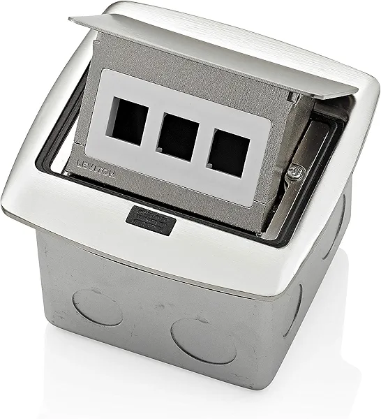 Leviton Pop-Up Floor Box with 3-Port QuickPort Insert, Brushed Nickel, PFQP3-BN