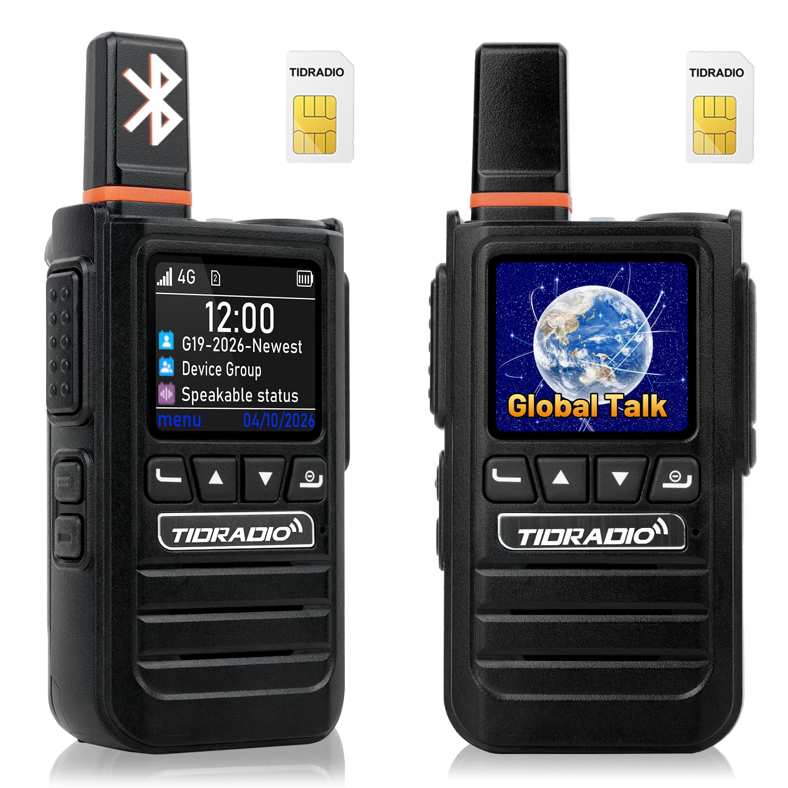 Davant view of the TIDRADIO TD-G19 walkie talkie, showing the screen, buttons, and antenna.