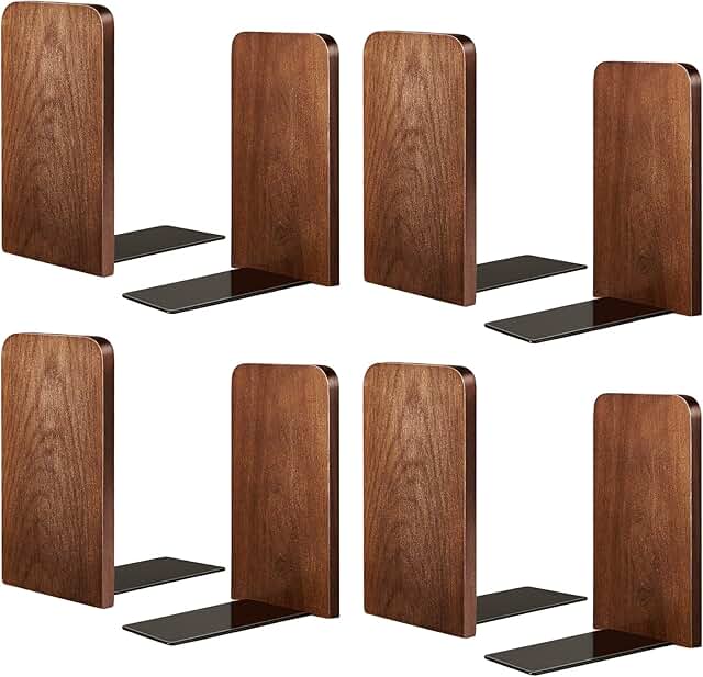 Eaasty 4 Pairs Wood Bookends, Heavy Duty Book Holders for Shelves, Walnu...
