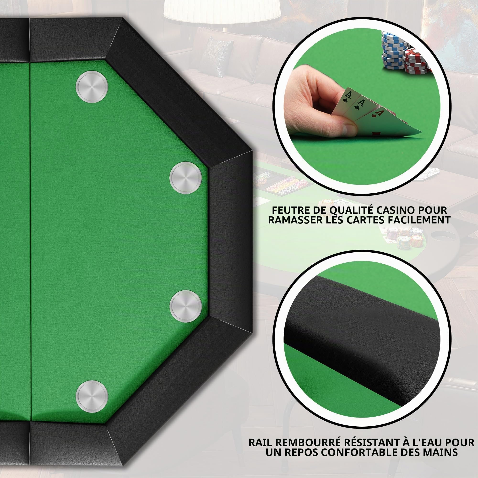Poker table professionnelle en acier inoxydable, 120 x 120 cm, pliable de qualité casino, pour 8 joueurs, coussin de porte-gobelets
