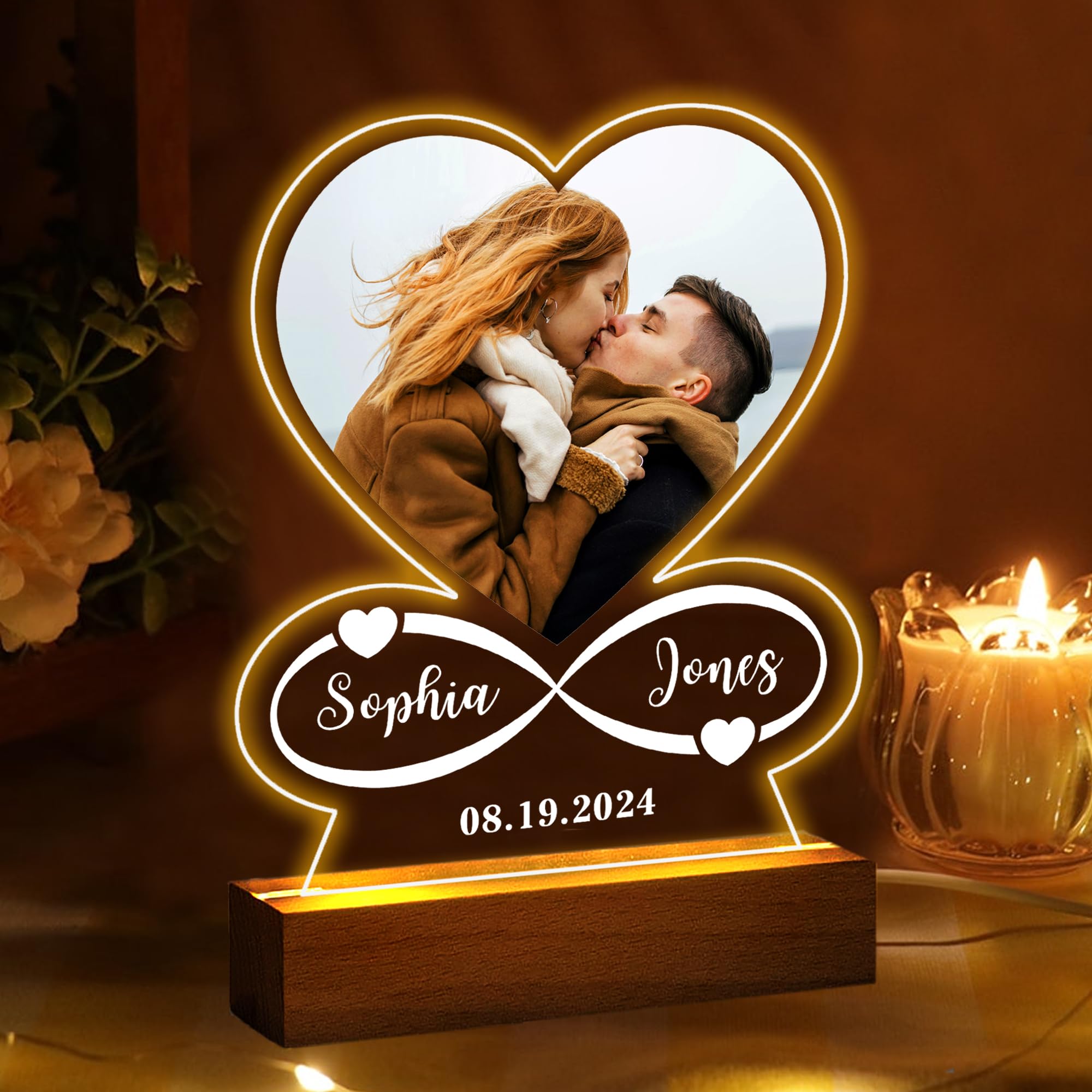 Personalised Gifts for Women Girlfriend Boyfriend Photo for Christmas Acrylic Plaque Custom Night Lights Picture Frame for Birthday Mothers Day Christmas Valentines Gifts(Heart-Photo) — image 1