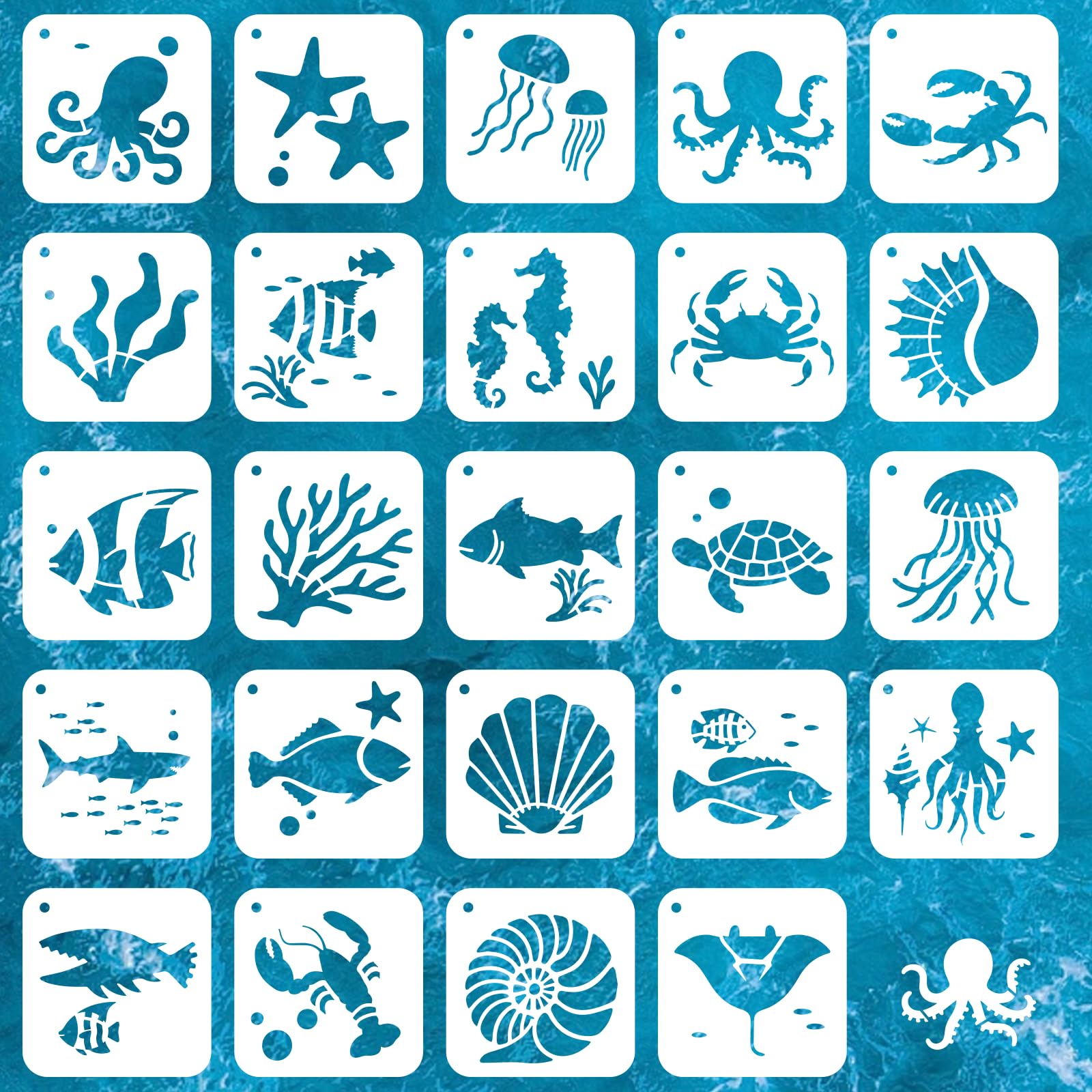 beinkmake 24pcs Ocean Theme Stencils for Painting, Marine Elements Art Templates, Reusable Stencil for for DIY Crafts on Wood, Fabric, Canvas, Walls