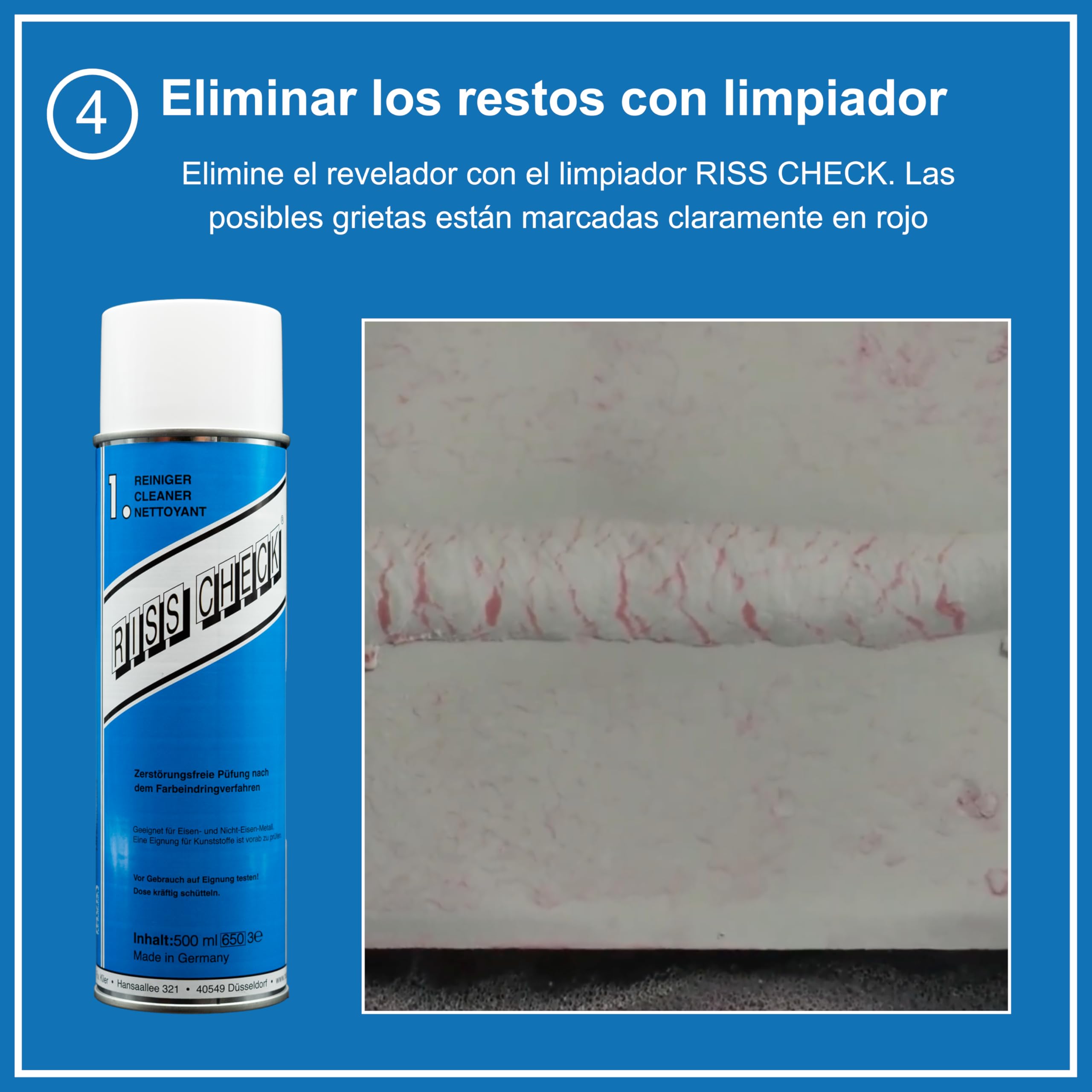 Kit control de grietas 3×500 ml – Spray limpiador grietas, spray detector rojo, spray contraste blanco – Ensayo no destructivo según norma DIN EN ISO 3452-2