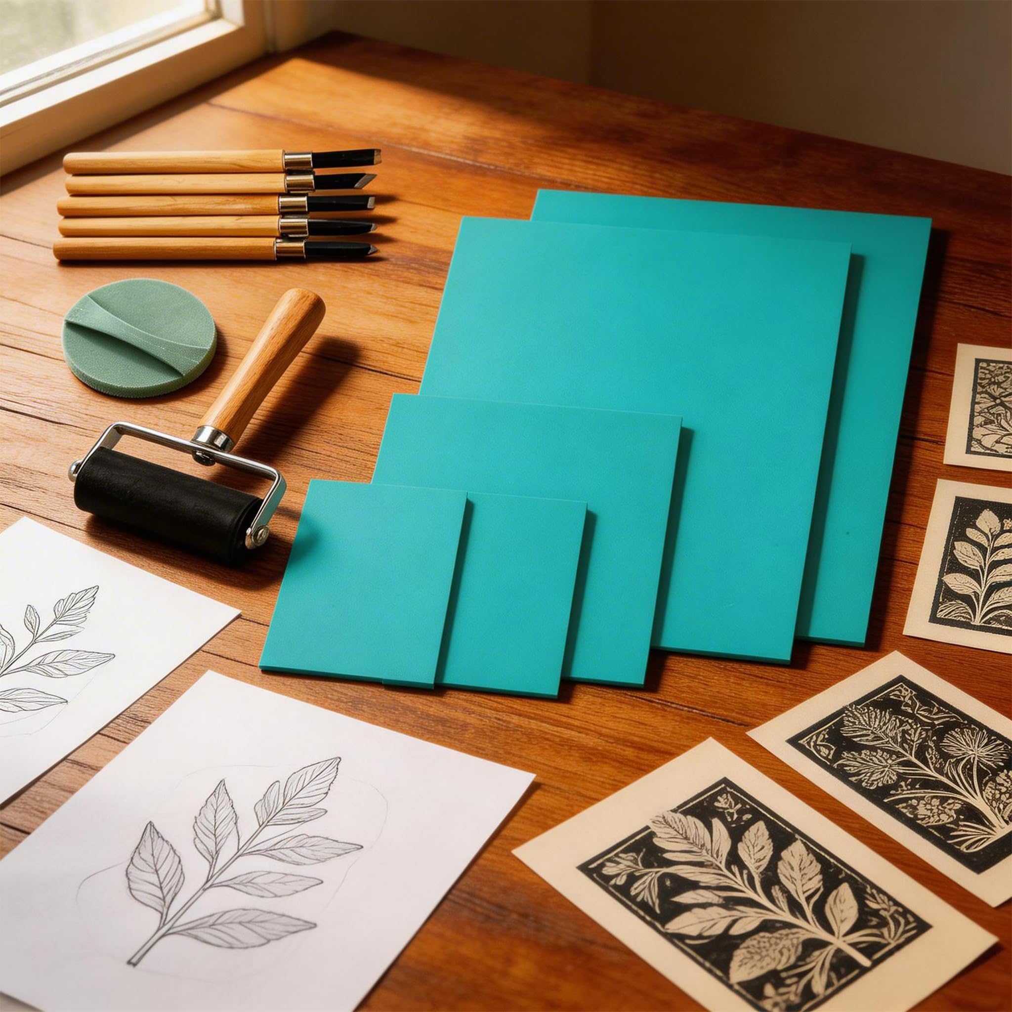 Set di Stampa Linocut - Kit Iniziale in linogravatura da 12 Pezzi con lastre in Linoleum, Carte da tracciamento e Strumenti per francobolli Fai-da-Te, Stampa e Poster artistici