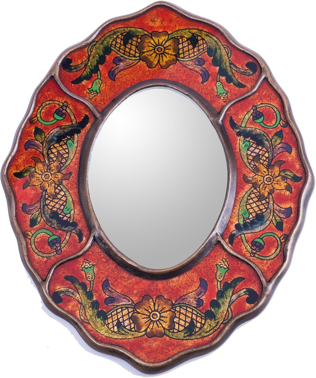 NOVICA Espejo de vidrio pintado con reverso hecho a mano artesanal, estilo vintage, espejo de madera rojo para decoración de Perú, espejos