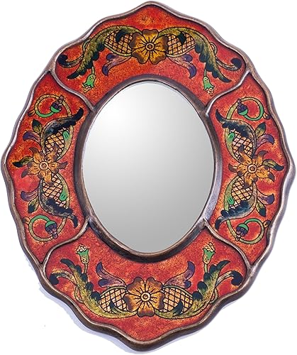 NOVICA Espejo de vidrio pintado con reverso hecho a mano artesanal, estilo vintage, espejo de madera rojo para decoración de Perú, espejos
