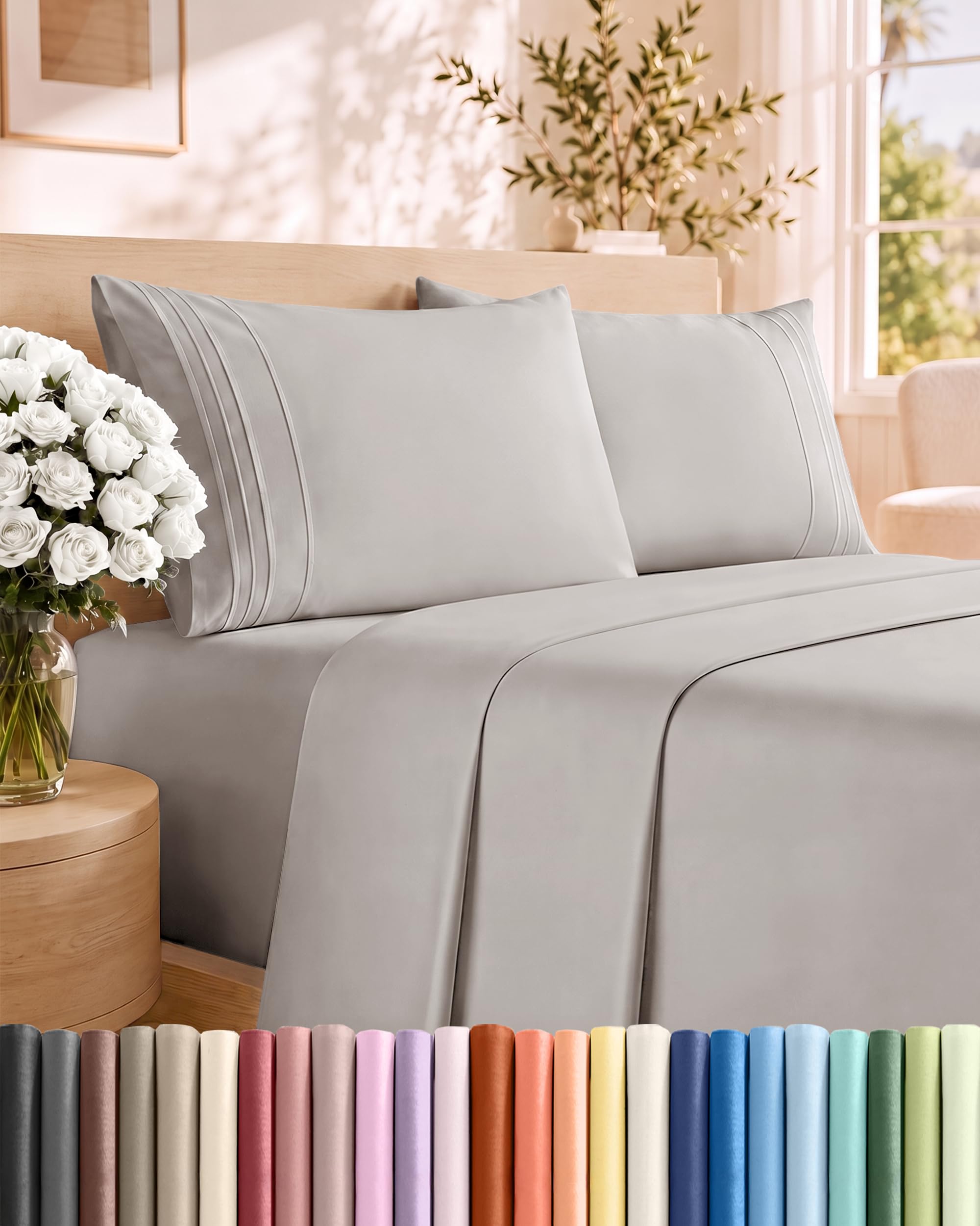 CGK Unlimited Queen Size 4 Piece Sheet Set, Breathable & Cooling, Light Grey