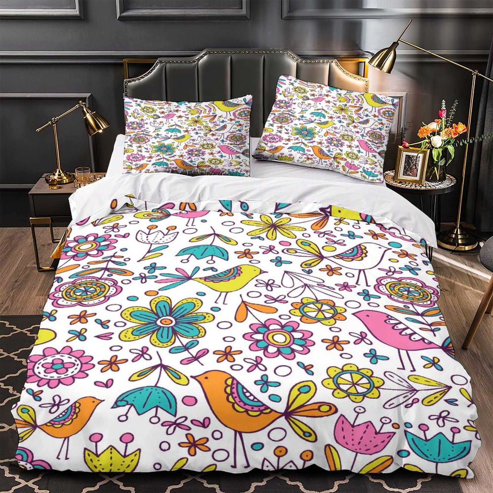Parure de Lit Oiseau Super King 260x220 Housse de Couette Microfibre