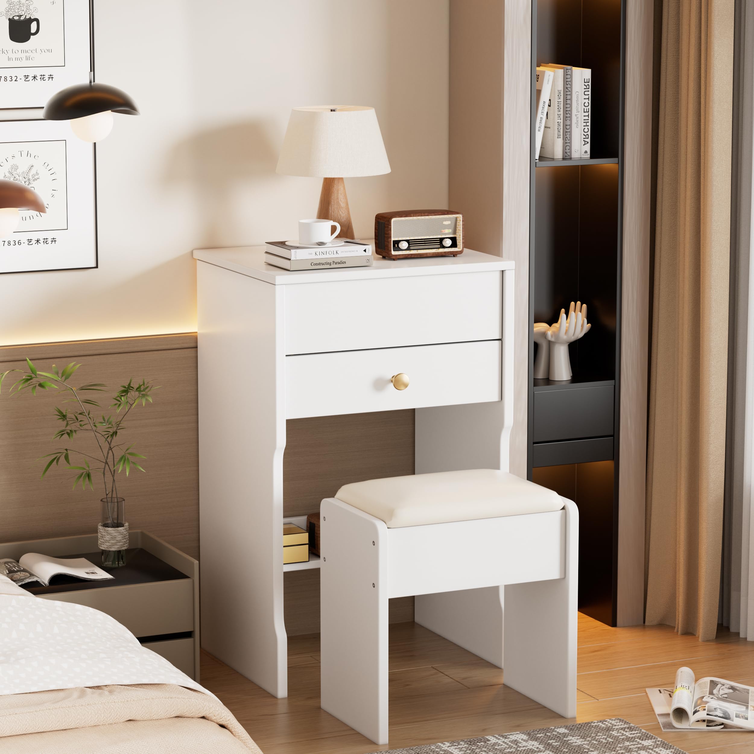 Coiffeuse Pliante Avec Tabouret Et 3 Tiroirs – Plateau Verre, Rangement Cosmétiques – Blanc Moderne 48x40x80 Cm