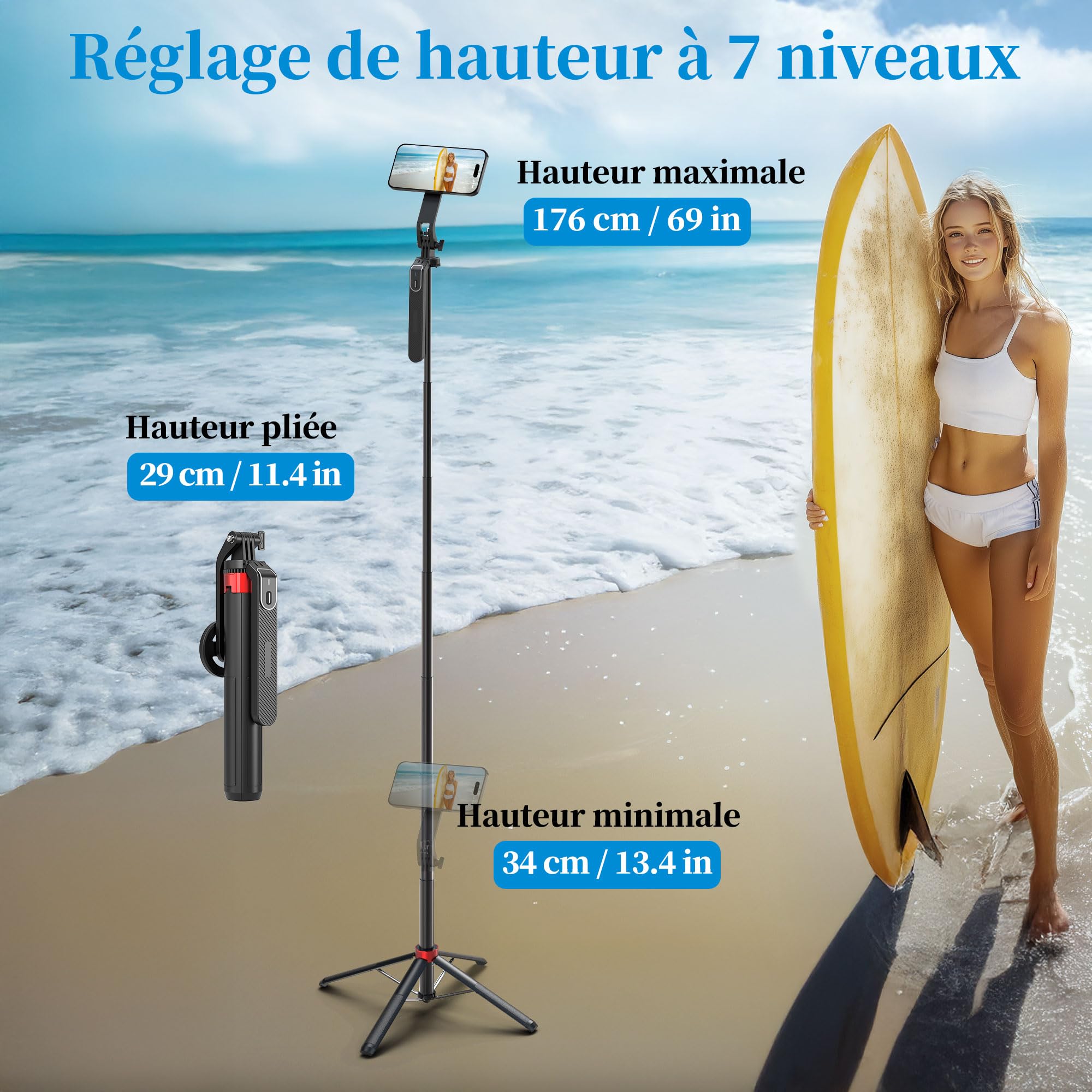 PlusAcc 176 cm Trépied magnétique pour MagSafe Selfie - Support Stable en Aluminium et Support de Voyage Rotatif à 360° - Compatible avec iPhone/Smartphones pour Selfies, enregistrements vidéo en