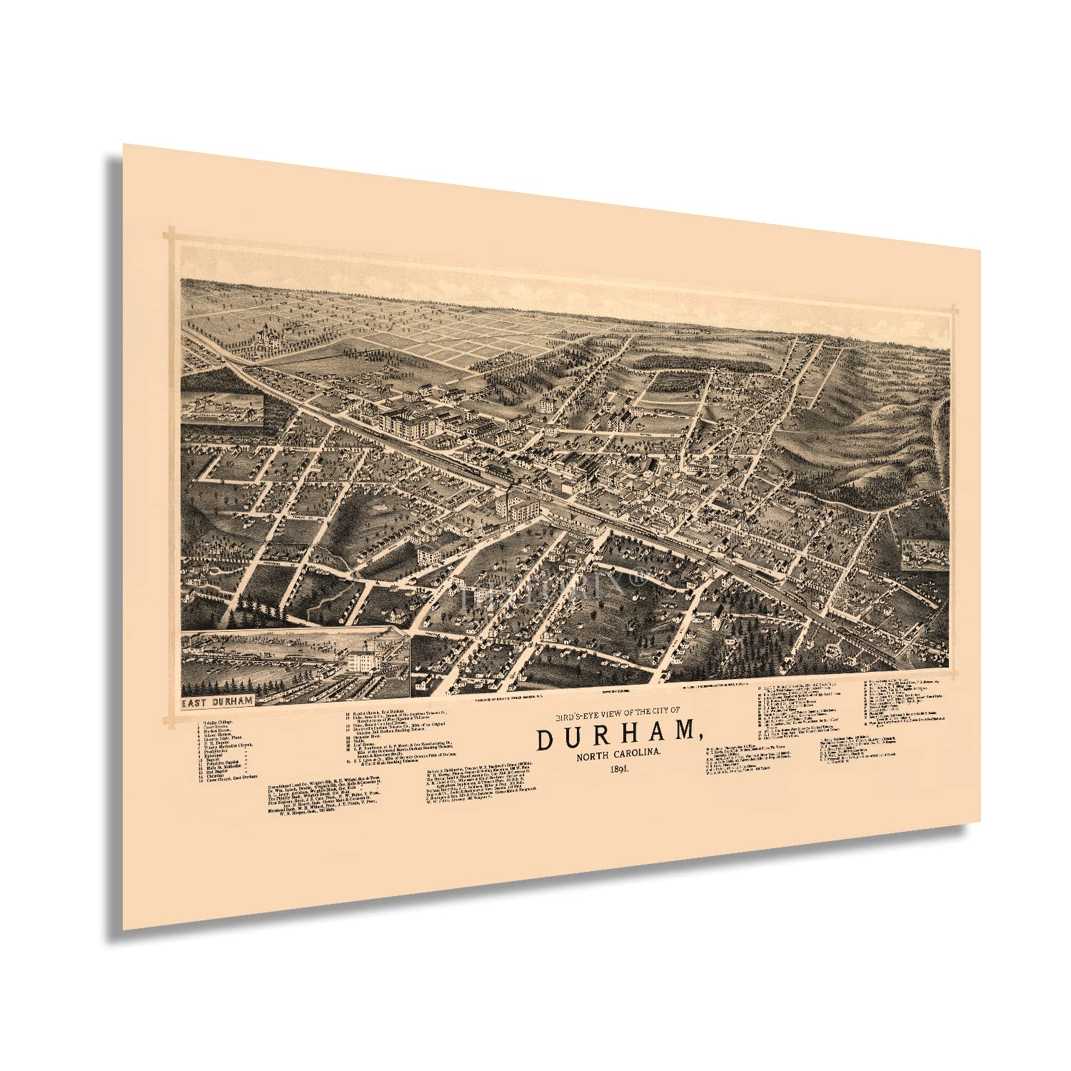 HISTORIXHISTORIX Vintage 1891 Durham North Carolina Map - 24x36 Inch Old Durham Wall Art - History Map of Durham NC - Bird's Eye View of Durham NC Map Poster