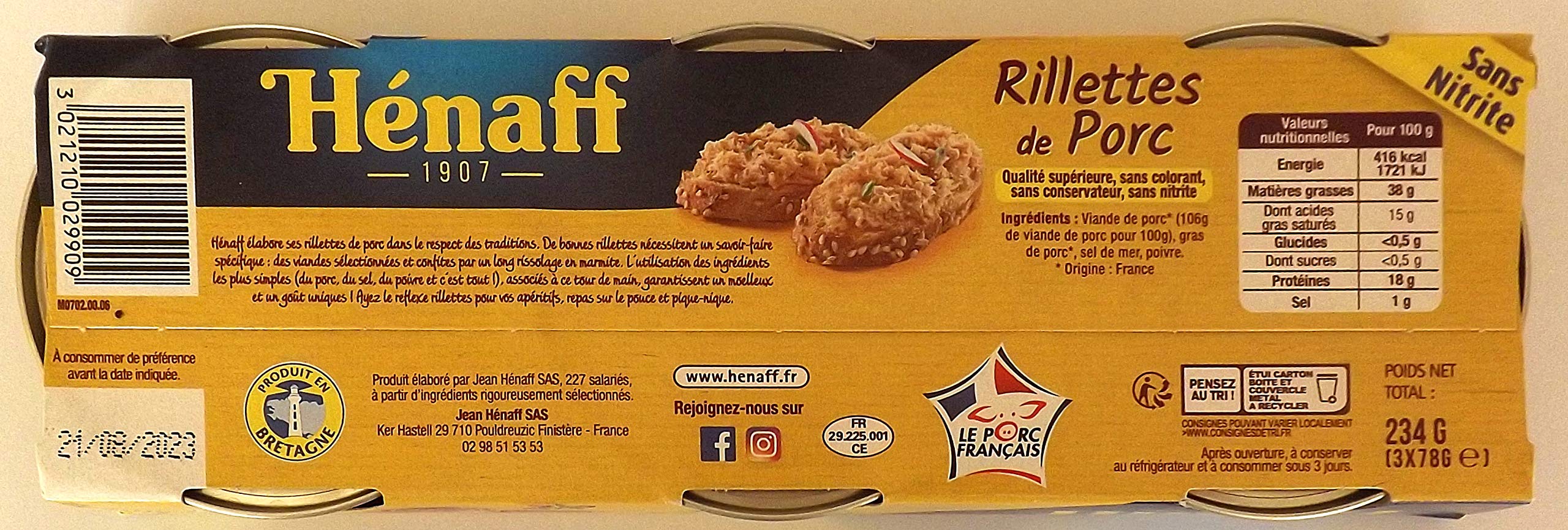 Henaff Rillettes De Porc/Pork Rillettes Pastete, 3 x 78 g
