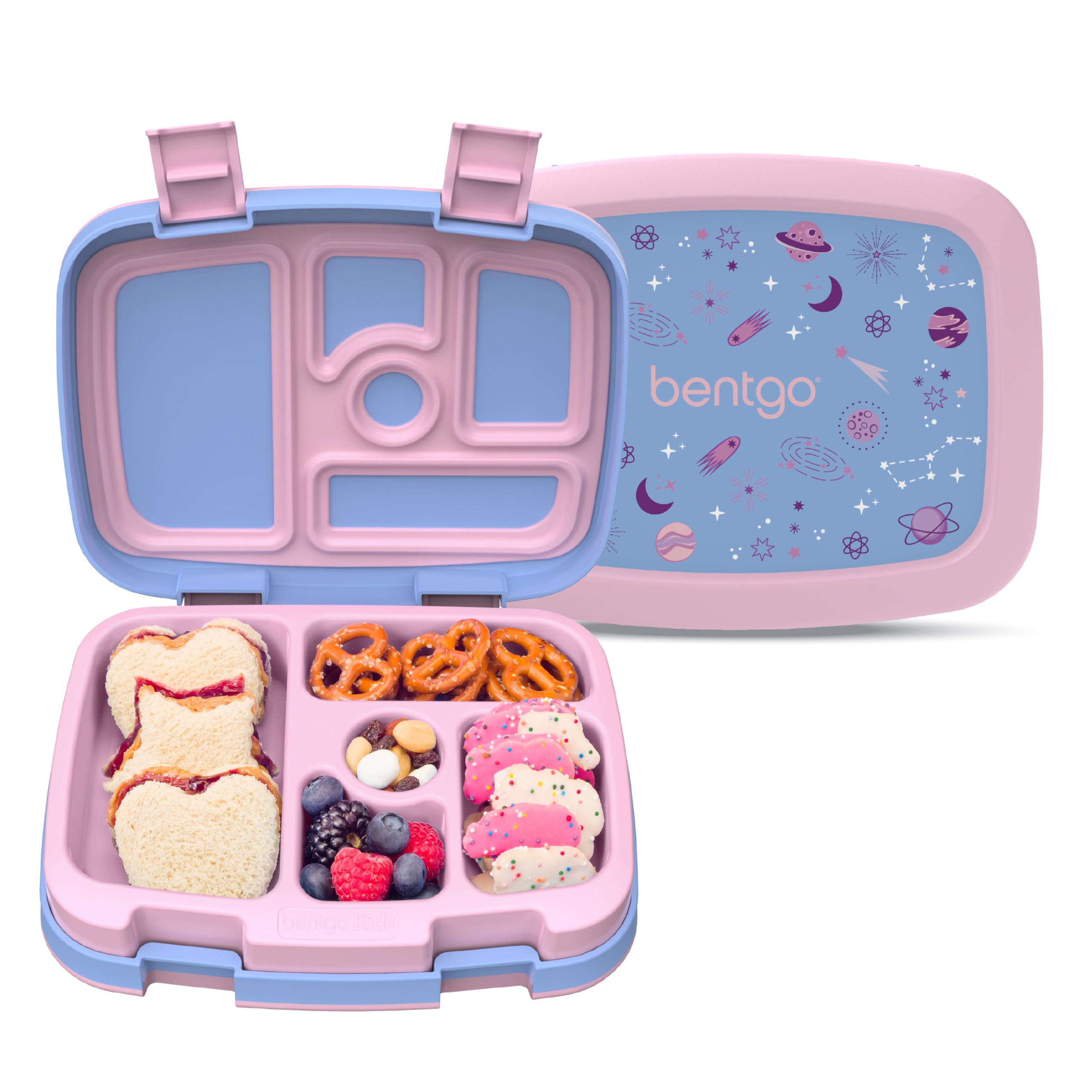 Bentgo Kids Prints Leak-Proof, 5-Compartment Bento-Style Kids Lunch Box - Ideal Portion Sizes for Ages 3-7, Durable, Drop-Proof, Dishwasher Safe, &amp; PFAS &amp; BPA-Free Materials (Lavender Galaxy)