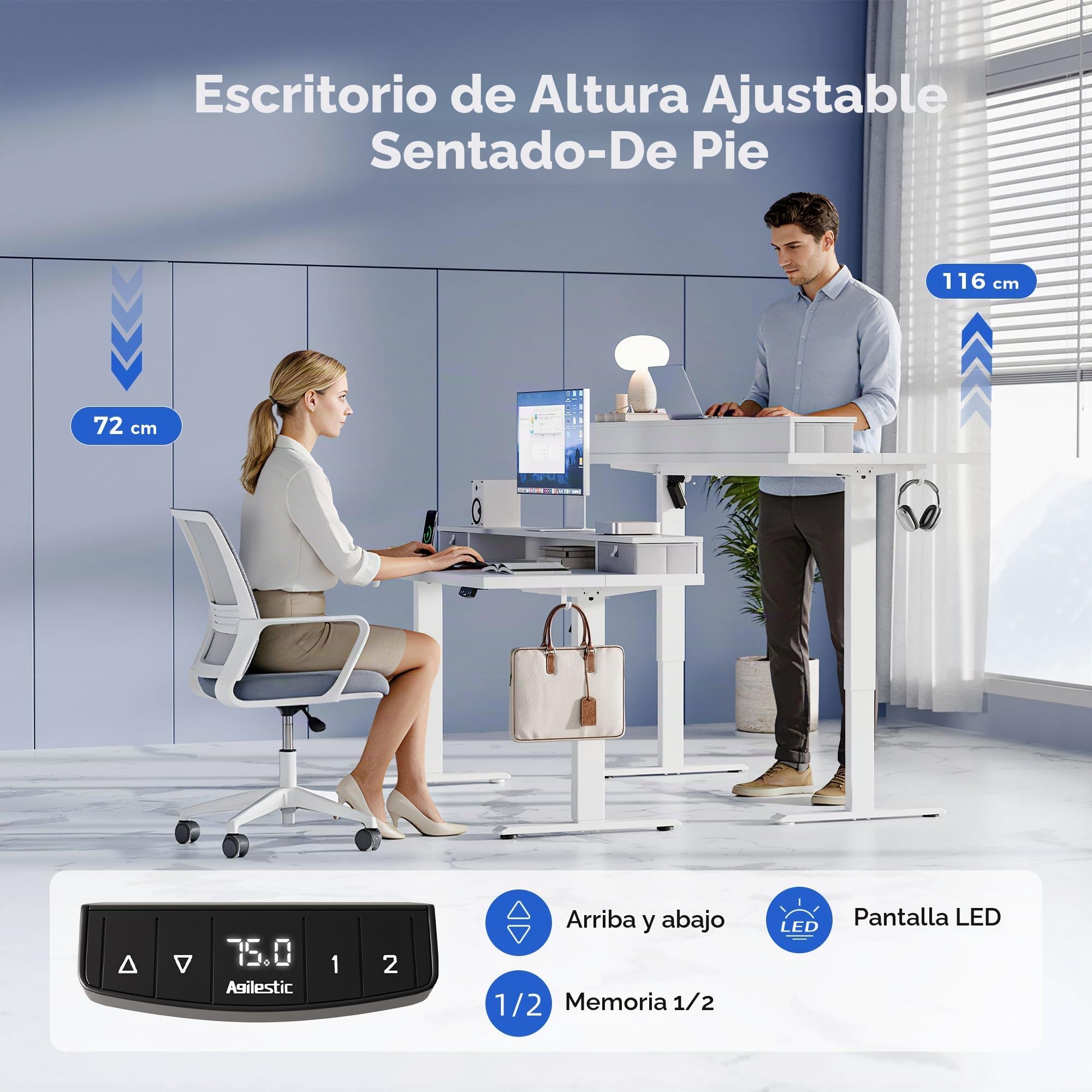 Agilestic Escritorio Elevable Eléctrico 100x60 cm 2 Cajones, Blanco | Altura eléctrica regulable con 2 memorias, anticolisión y motor silencioso. Carga 70 kg, ideal oficina/gaming.