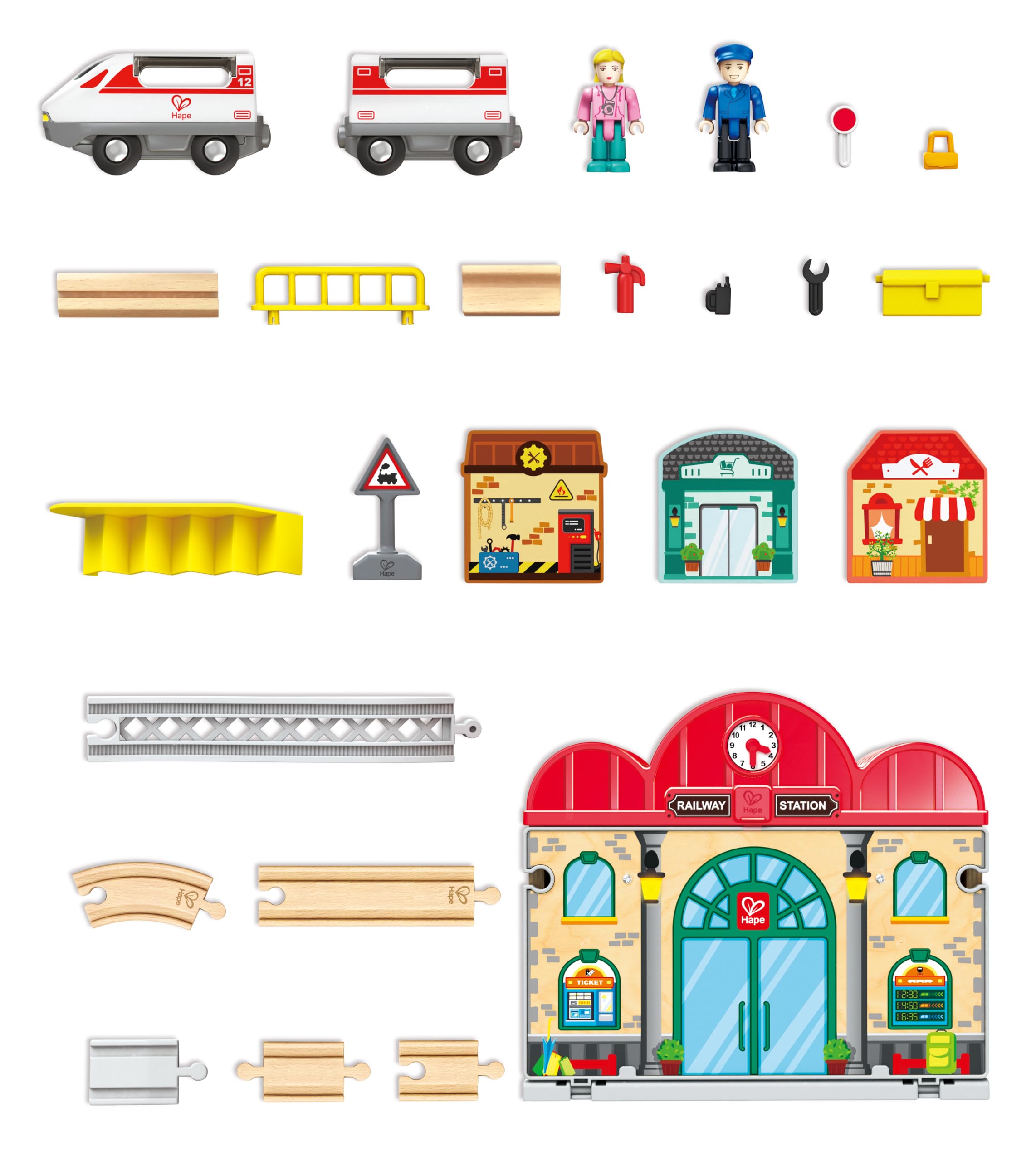 Estación de Tren de Madera portátil de Hape | Juego de Tren para niños | Vías, estación y Personajes | Fácil de Transportar