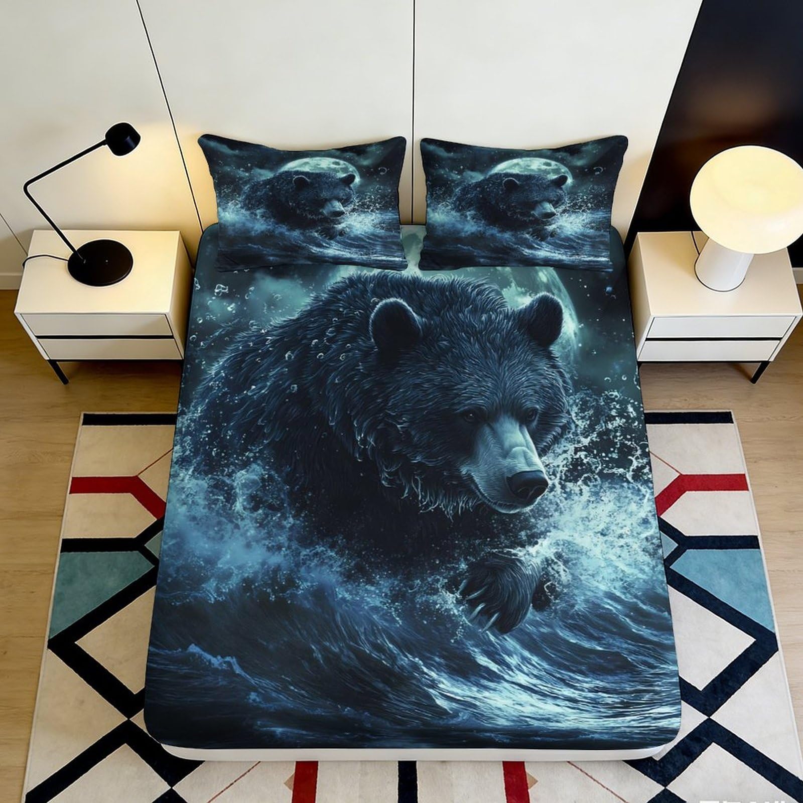Uynsixtme Style-1 3D Printed Wild Bear Fitted Sheet Microfiber Deep Pocket Bedroom Bedding Grizzly Mattress Fitted Cover Non-Slip 200X200x25cm