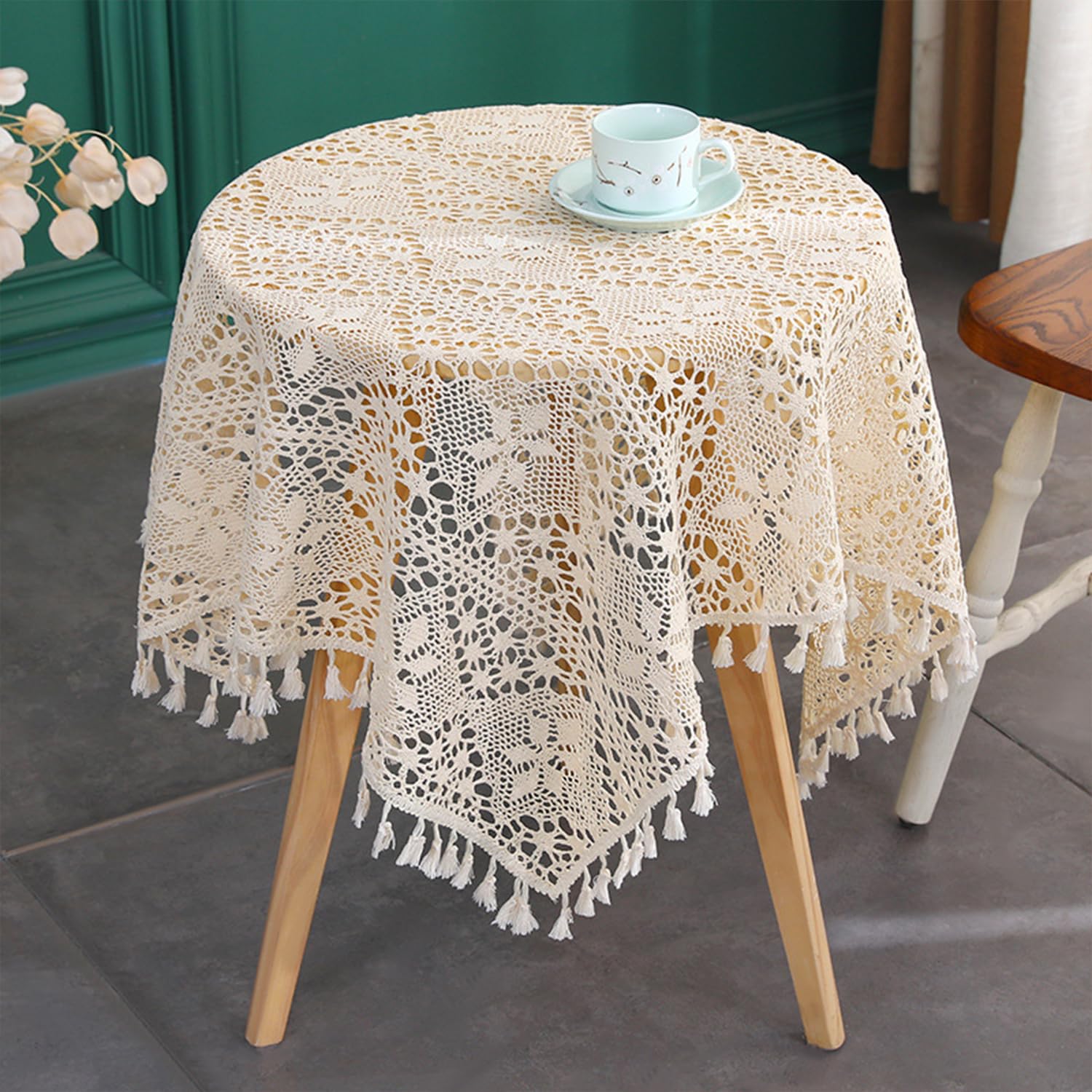FOELANNE Embroidered Lace Tablecloth, Crochet Tablecloth With Tassels Cotton Lace Square Multiple Sizes(Style2,60x60 cm)