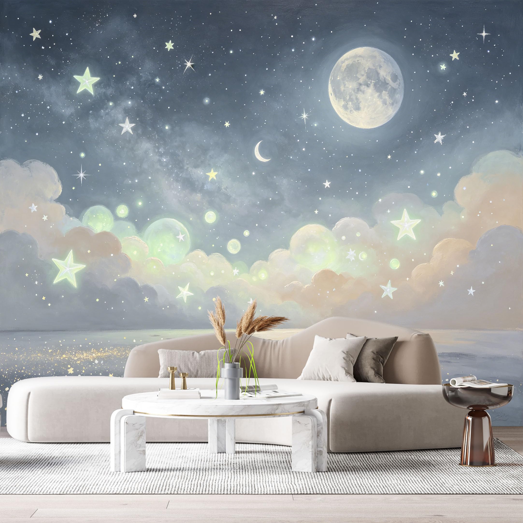 Custom Size Wall Murals Night Sky Landscape Watercolor Full Moon Glowing Stars Clouds SelfAdhesiveWall Fabric Removable Wallpaper Wall Decor for Living Room Bedroom Bathroom