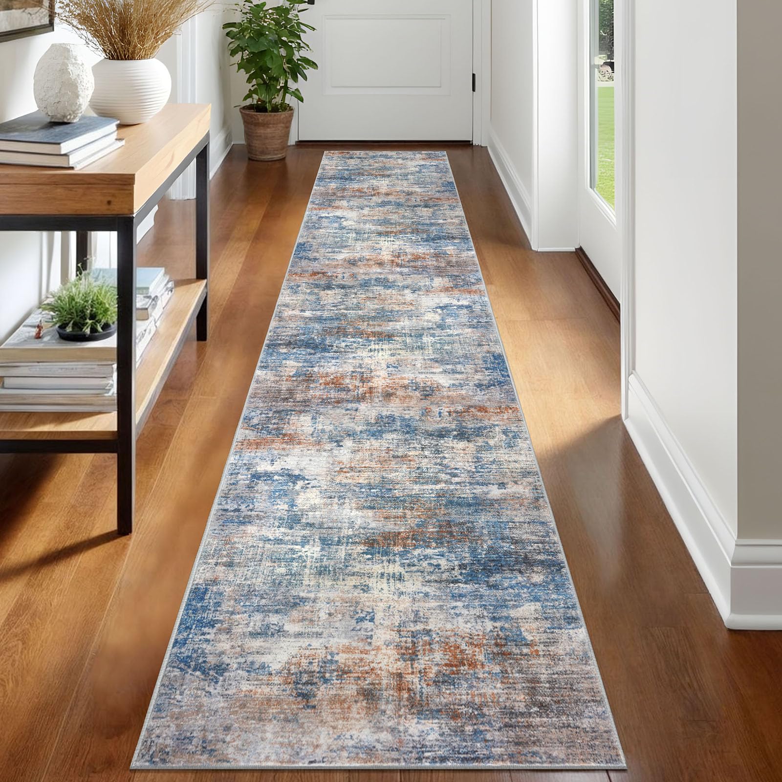 IOHOUZE Abstract Runner Rug 2x12 Ft Washable Runners for Hallways, Non Slip Kitchen Runner Printed Faux Wool Entryway Runner Indoor, Modern Abstract