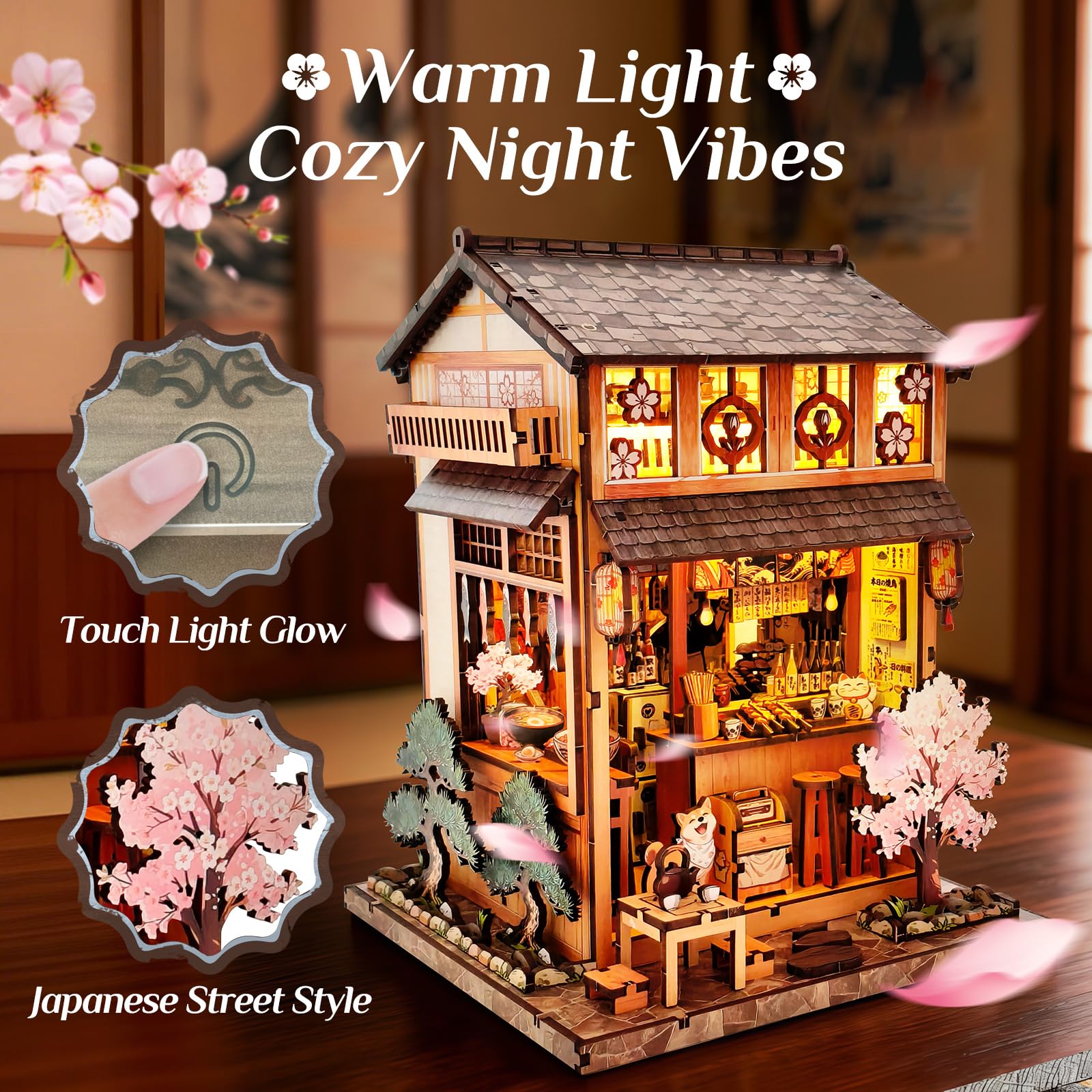 Tecnock DIY Miniaturhaus Bausatz für Erwachsene & Jugendliche, Sakura Izakaya mit Touch-Licht, Book Nook Deko, 3D Holzpuzzle Geschenk für Japan-Fans (Sakura-Izakaya)