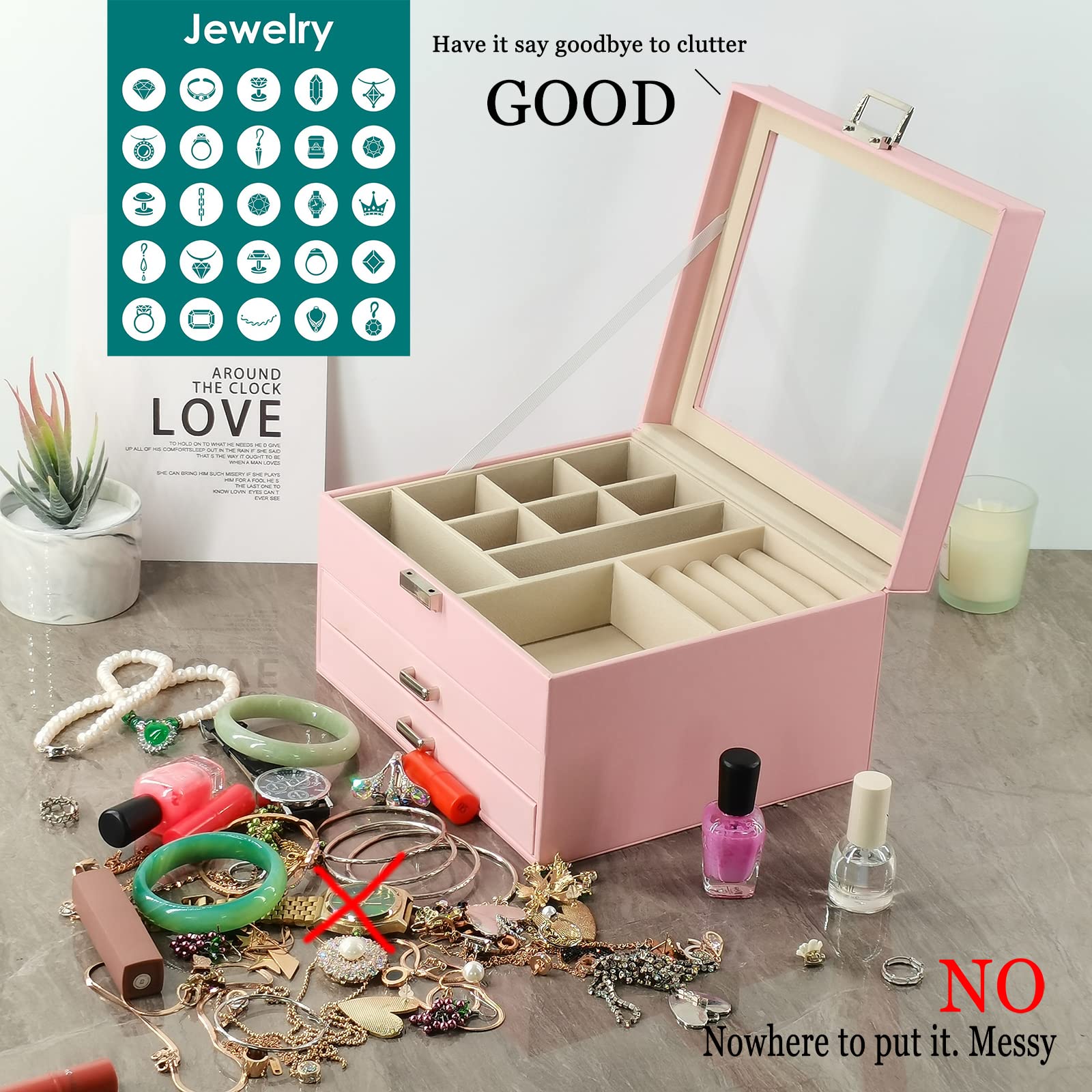 BOOVO Clear Lid Jewelry Box,3 Layers Jewelry Organizer Large Multi-Functional Jewelry Storage Box with 2 Drawers,Jewelry Display Case of Rings Earrings Necklace Bracelets for Women Girls (Pink)