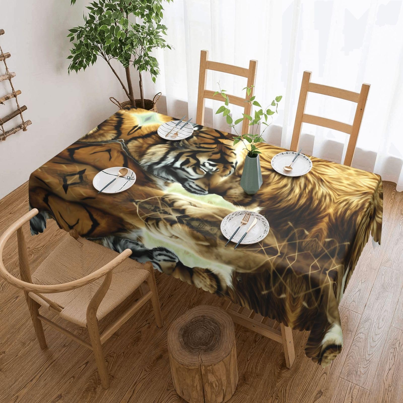 HLSBSSL White Tiger And Lion (1) Patterned square lace tablecloth, wrinkle-resistant and durable, suitable for dining tables, parties, etc.