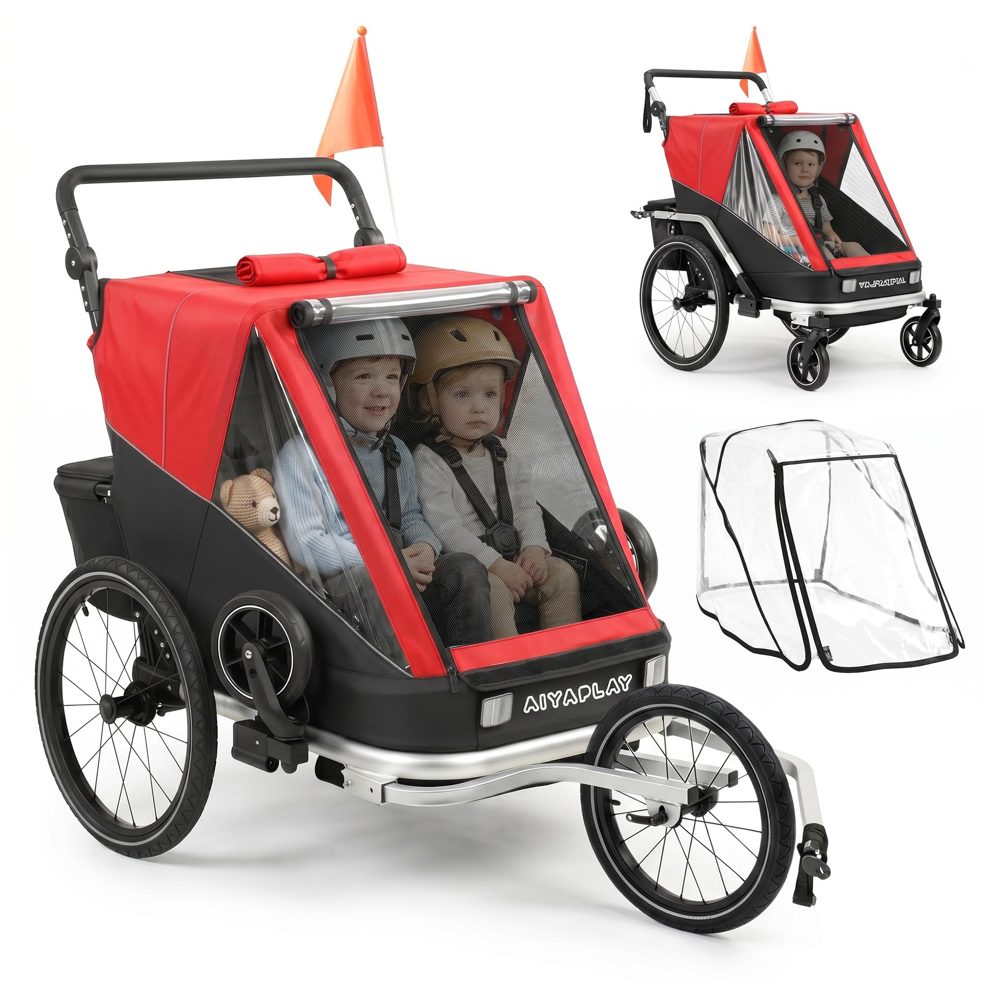 AIYAPLAY Rimorchio per bicicletta e passeggino 2 in 1, 2 posti, pieghevole, con cintura a 5 punti, bandiera di sicurezza, per bambini a partire dai 12 mesi, massimo 18 kg