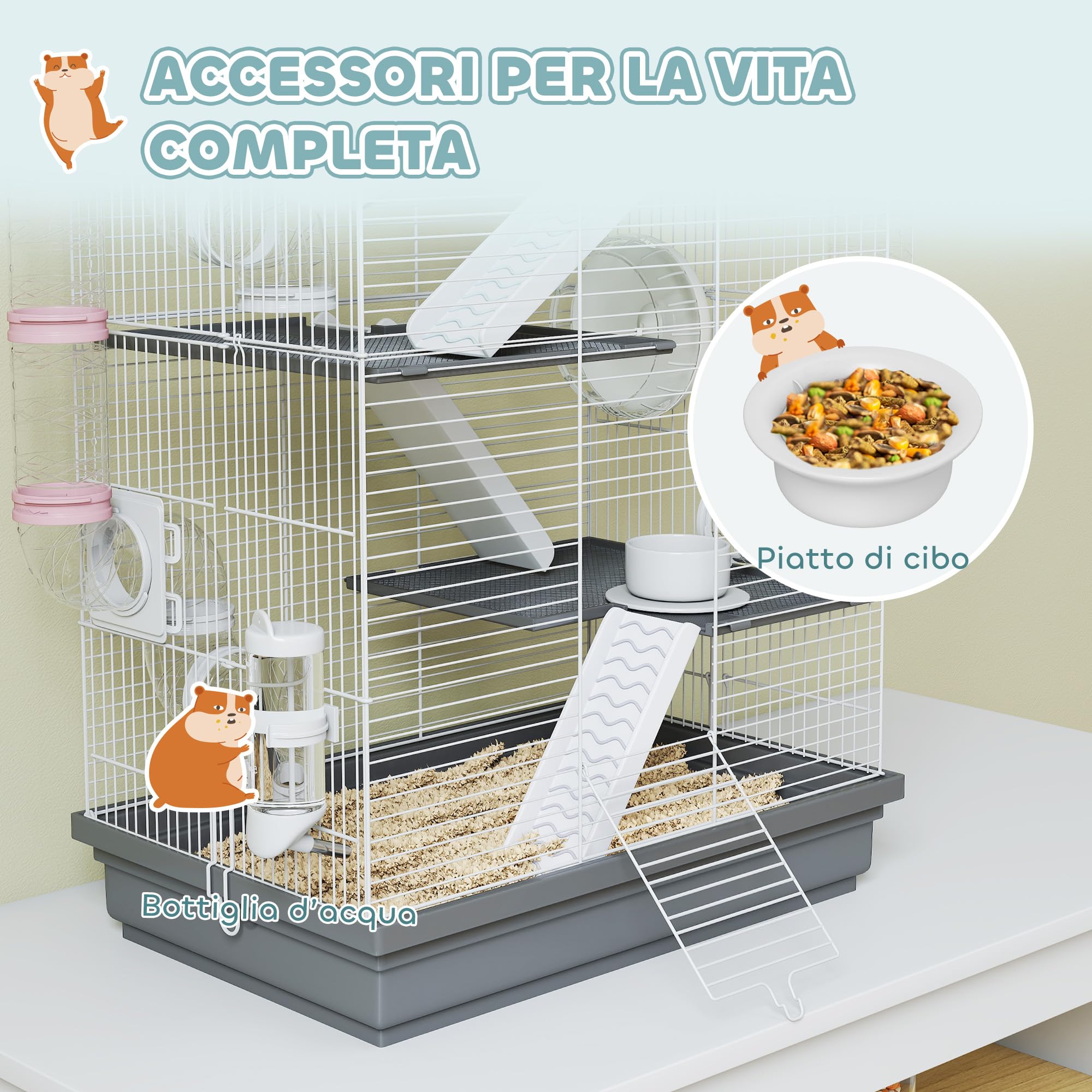 PawHut Gabbia per Criceti 4 Livelli 2 Ruote Silenziose 47x30x70cm Grigio | 16 Tubi, Casetta, Rampa, Ciotole, Serbatoio per l'Acqua, Vassoio Antigoccia, Gabbietta per Criceti, in Metallo e Plastica